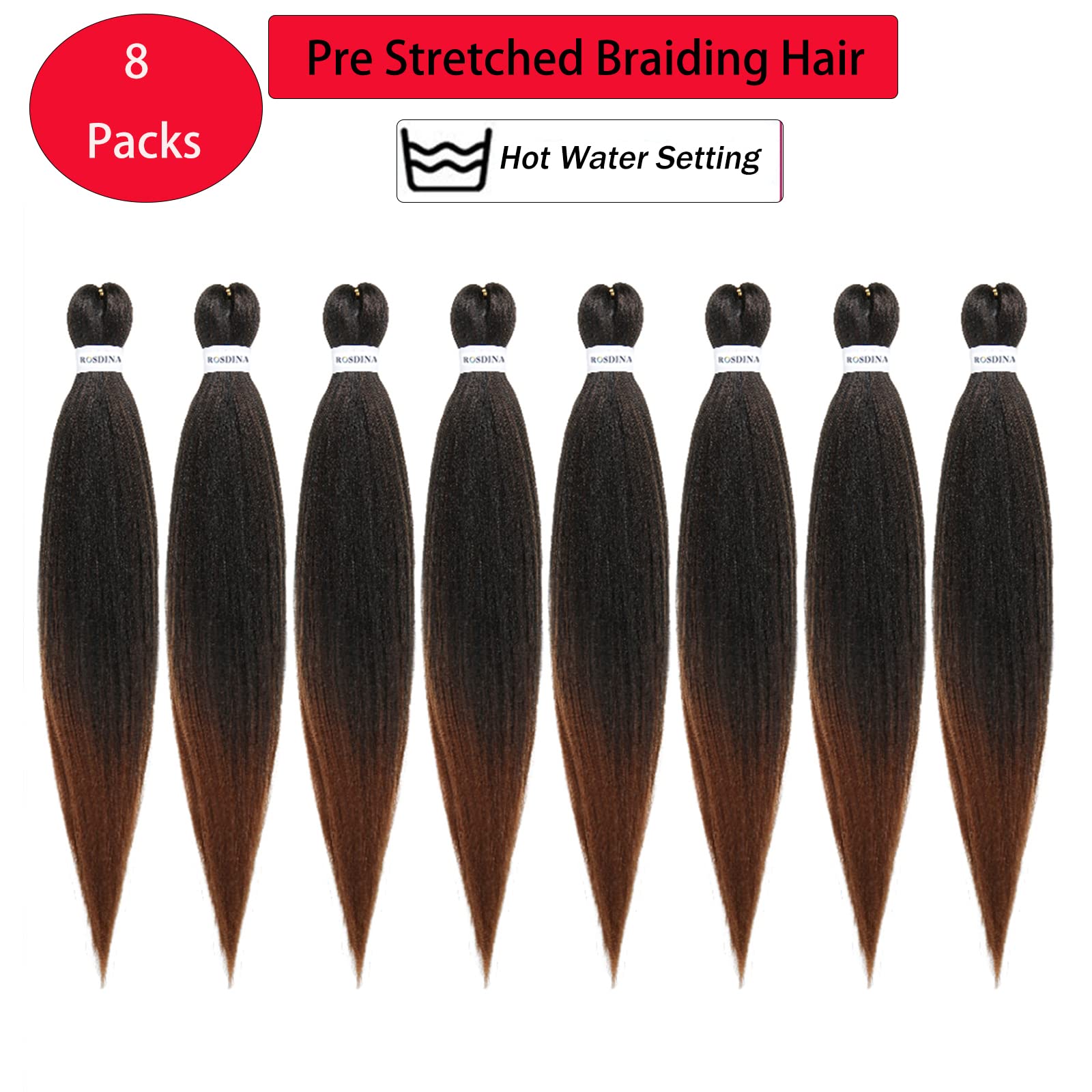 Rosdina Pre-Stretched Braiding Hair - 24 Inch 8 Packs Ombre Brown Long Braiding Hair For Twist Or Box Braids, Yaki Texture Hot W