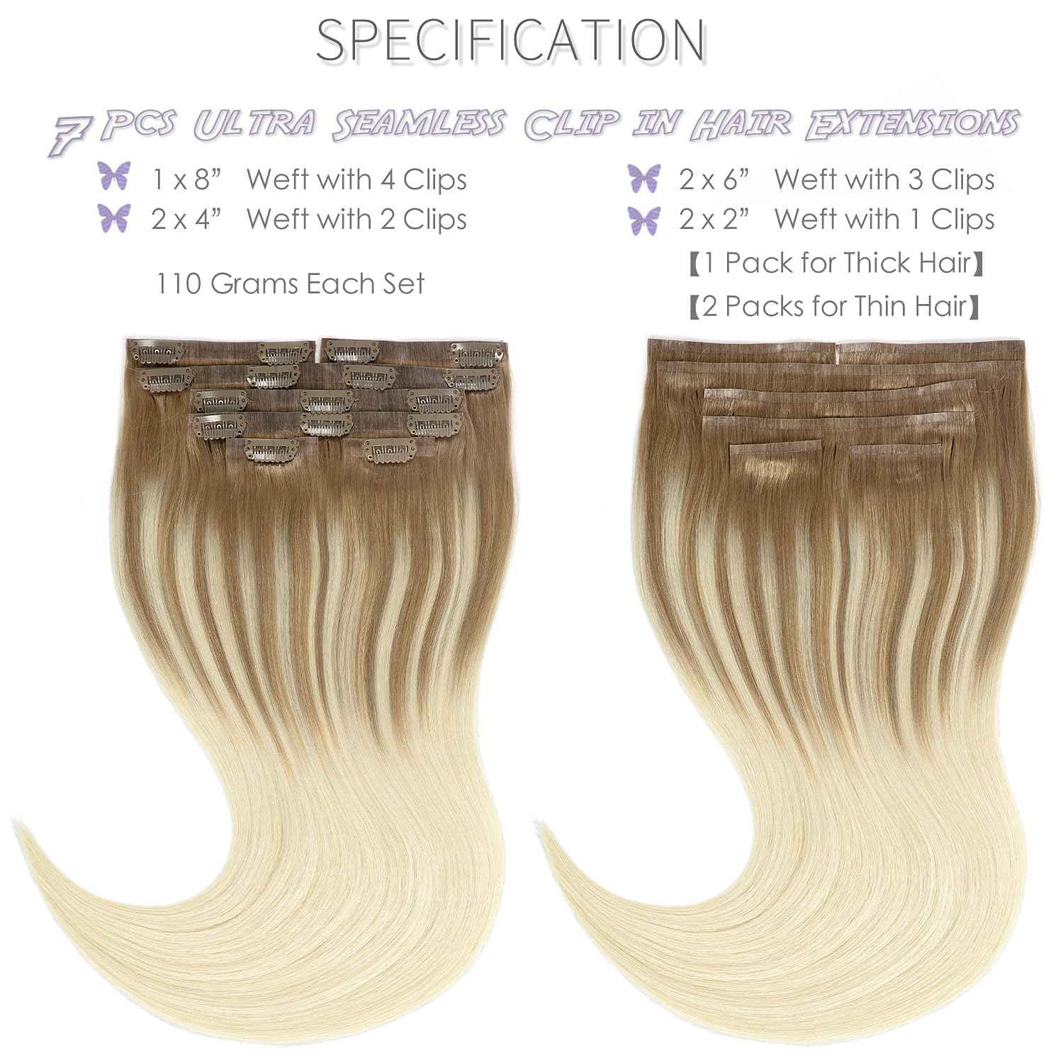 Lacer Hair Extensions Clip In Human Hair Ombre B#8/60 Light Brown Fading To Platinum Blonde Color Clip In Hair Extensions Human