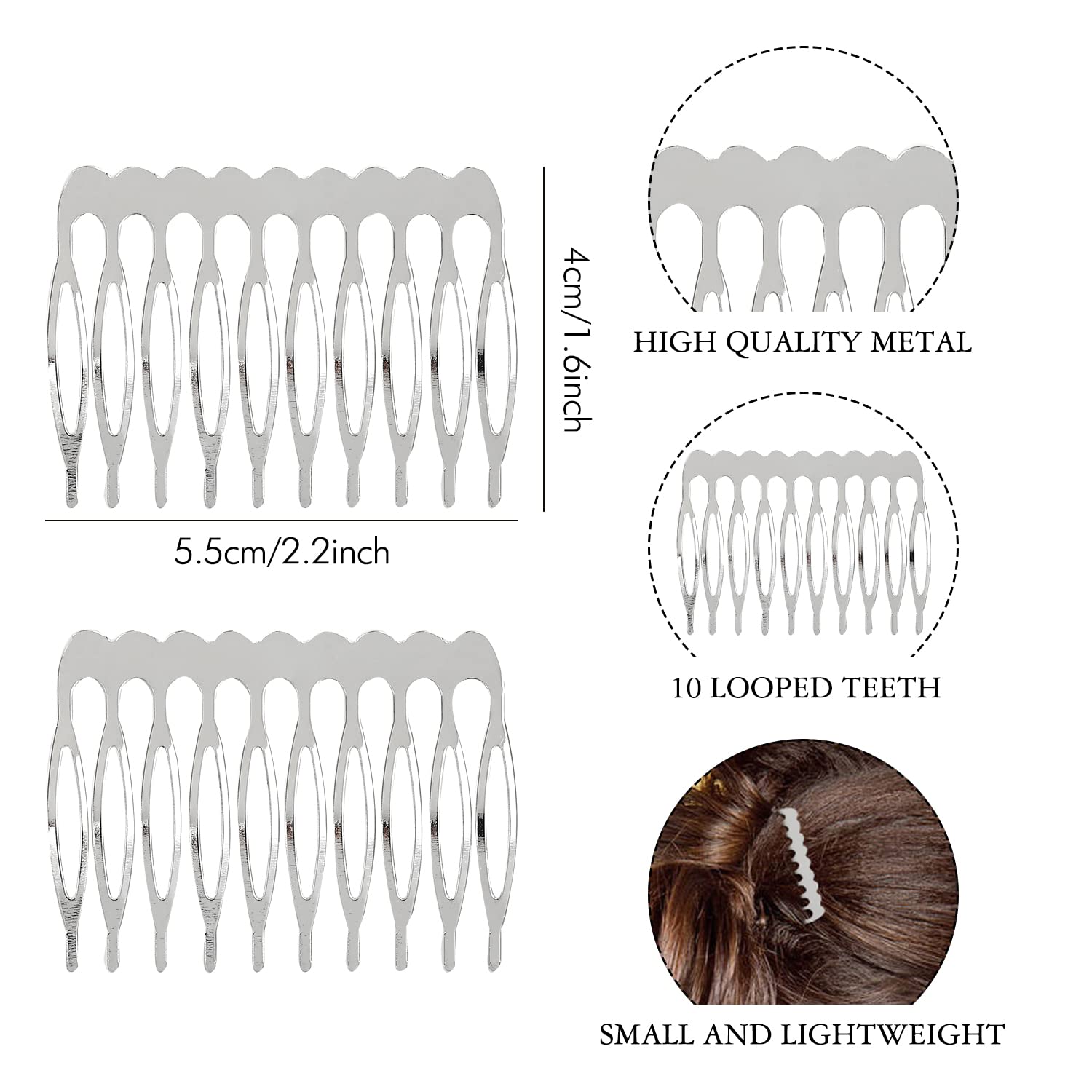Lawie 10 Teeth Silver Metal Side Hair Combs - 20 Pack for DIY, Weddings, Bridal Veils, and Decorative Crowns