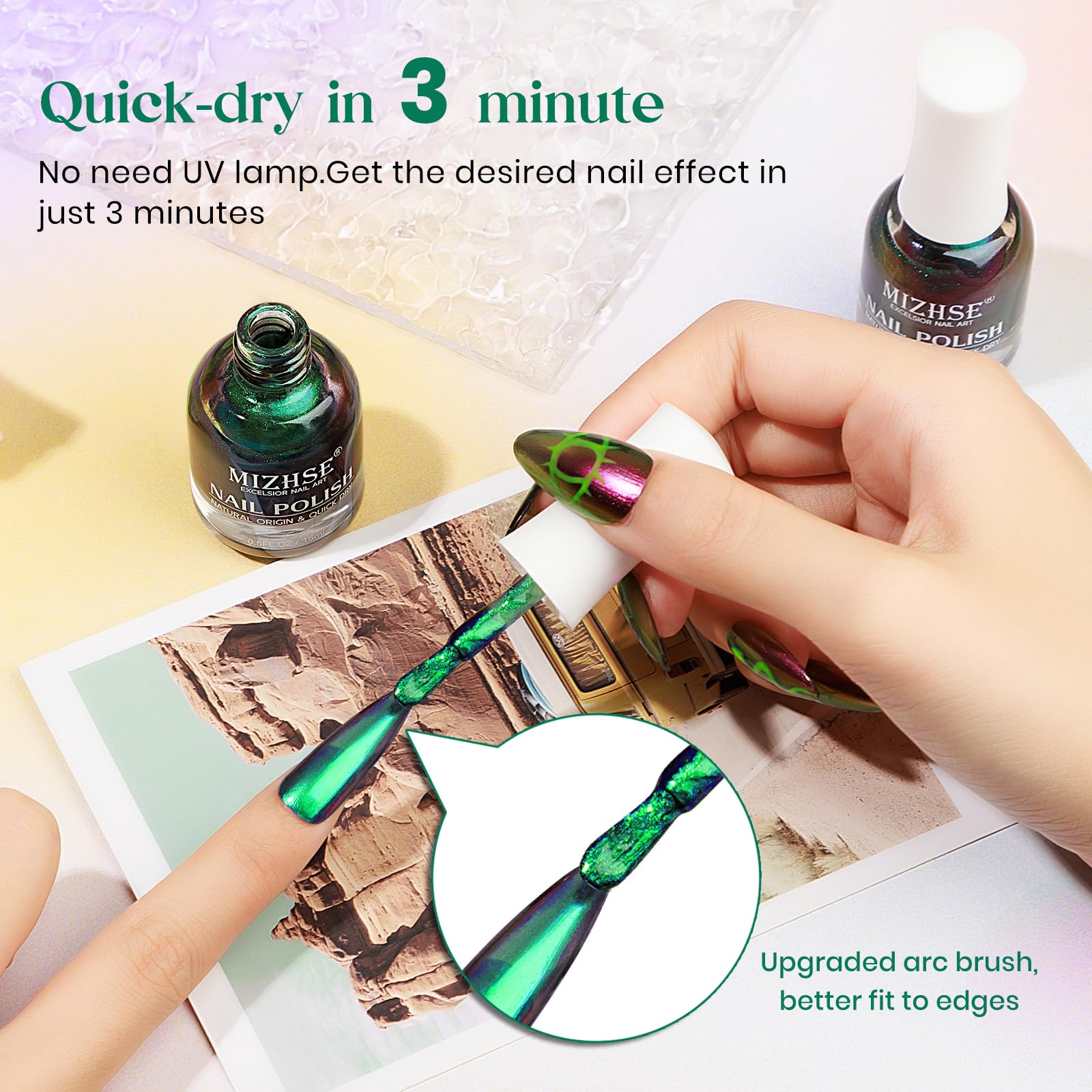 Mizhse Chameleon Nail Polish, Green Nail Polish Air Dry Fast, 15Ml/0.5 Fl Oz High Glossy Shiny Nail Pigment Holographic Nail Pol