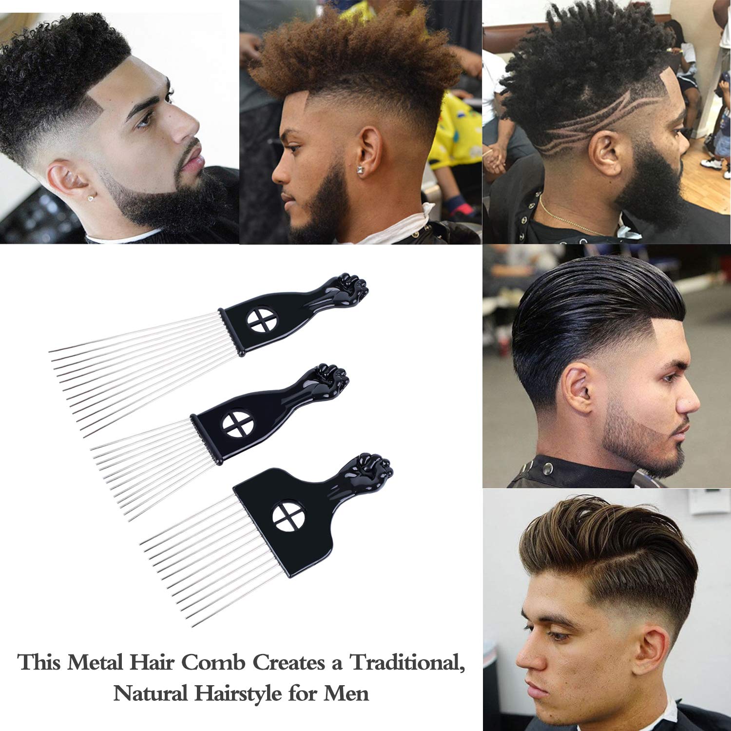 LEADUWAY Hair Pick Set - 3 Metal Afro Combs for Styling - Black - Model SADHB80