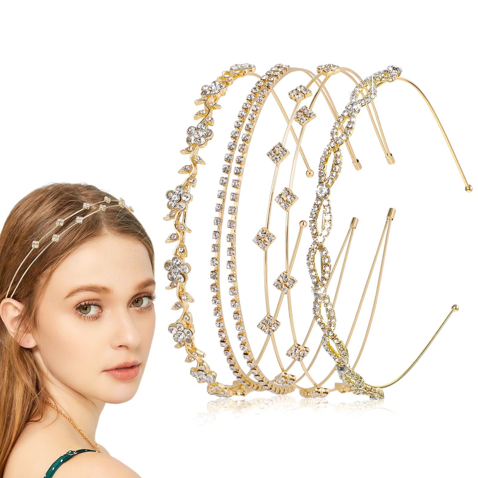 Tyqour Rhinestones Headbands For Women's Hair Wedding Hair Accessories, Gold Metal Flower Girl Headband, Sparkly Fancy Headbands