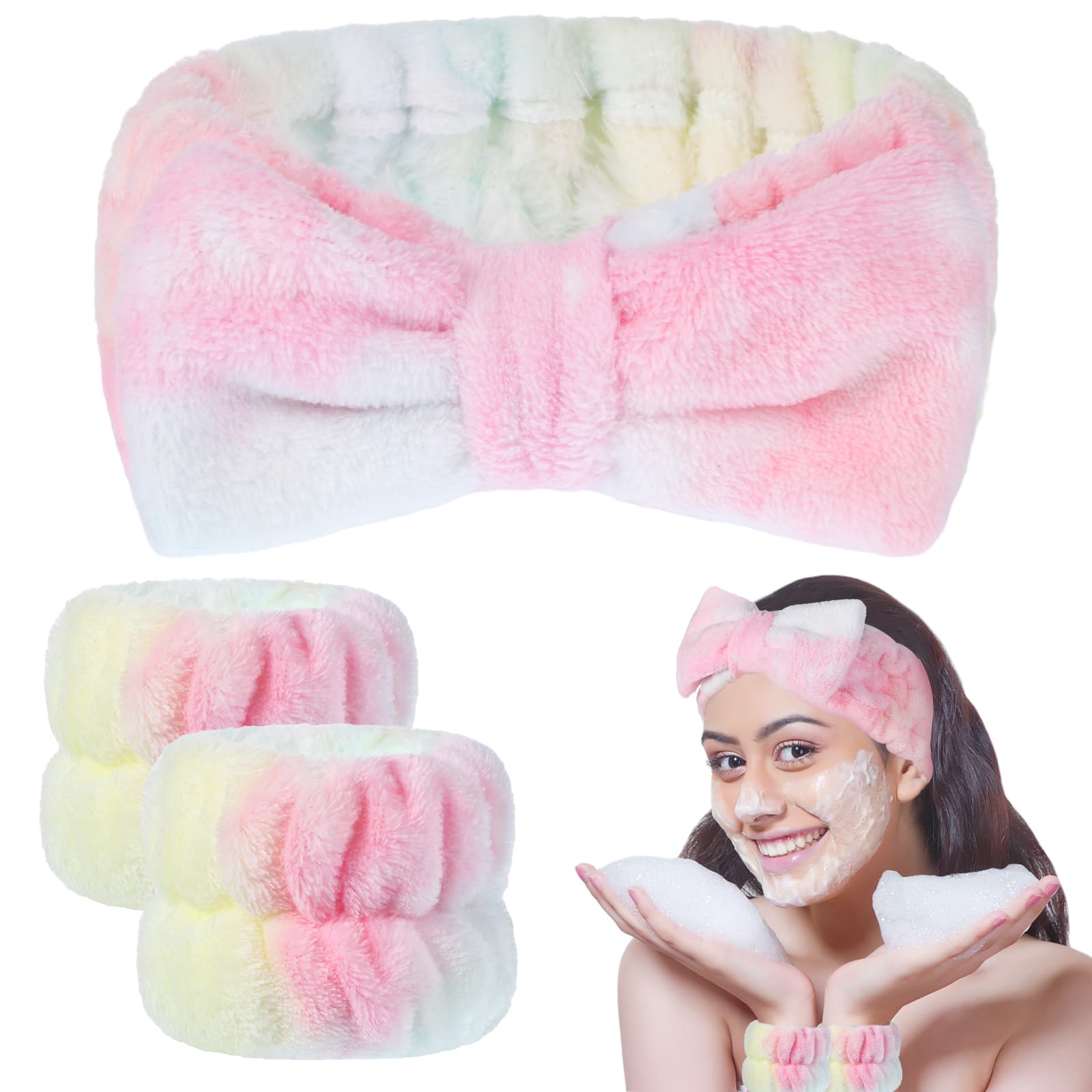 BESARME 3 Pieces Face Wash Headband and Wristband Set Soft Spa Headband and Wristbands for Women Makeup Skincare Headbands Wrist