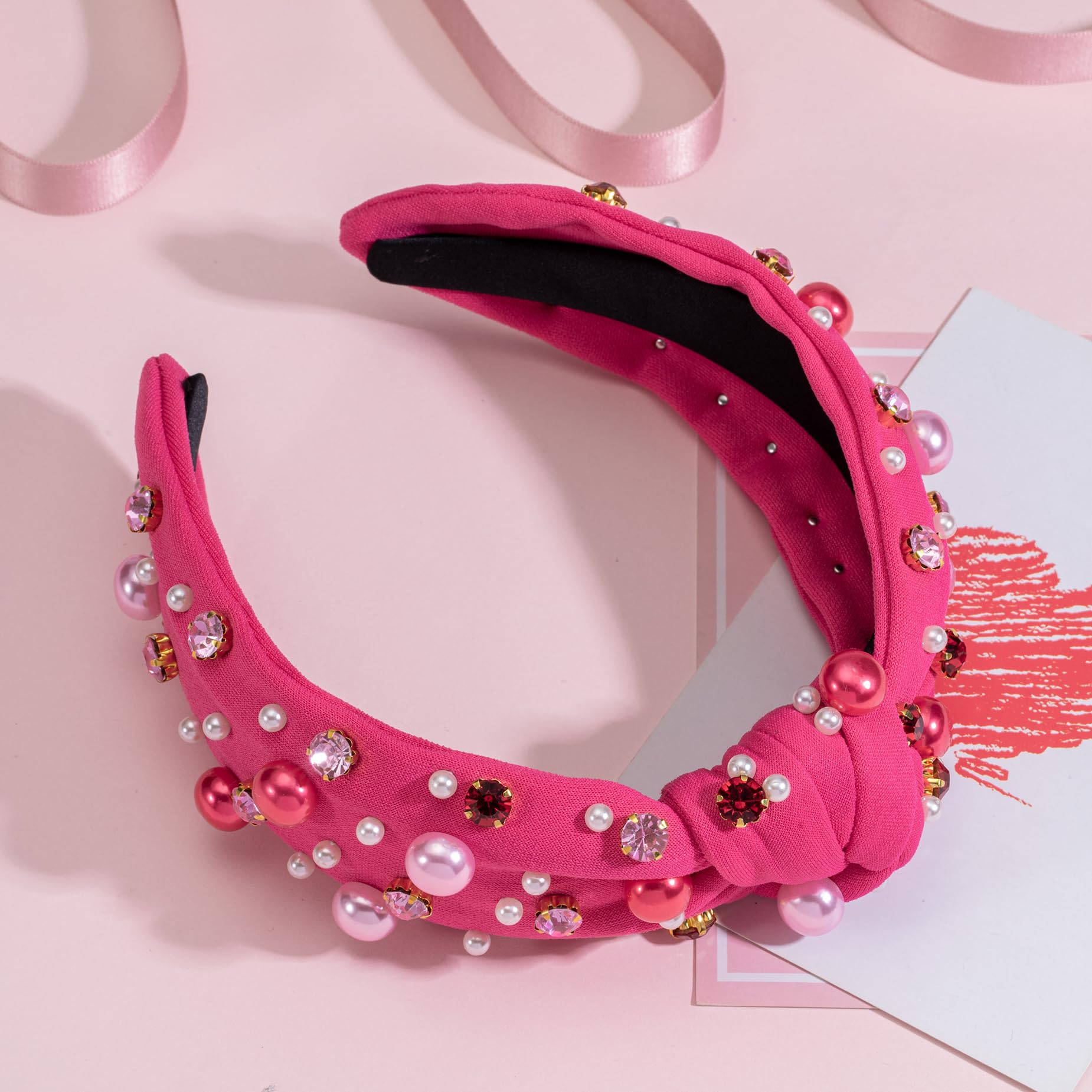Mixcbe Valentine'S Pearl Headband - Crystal Jeweled Knotted Hair Accessory Gift For Women, Red Pink Hot Pink Wide Top Knot