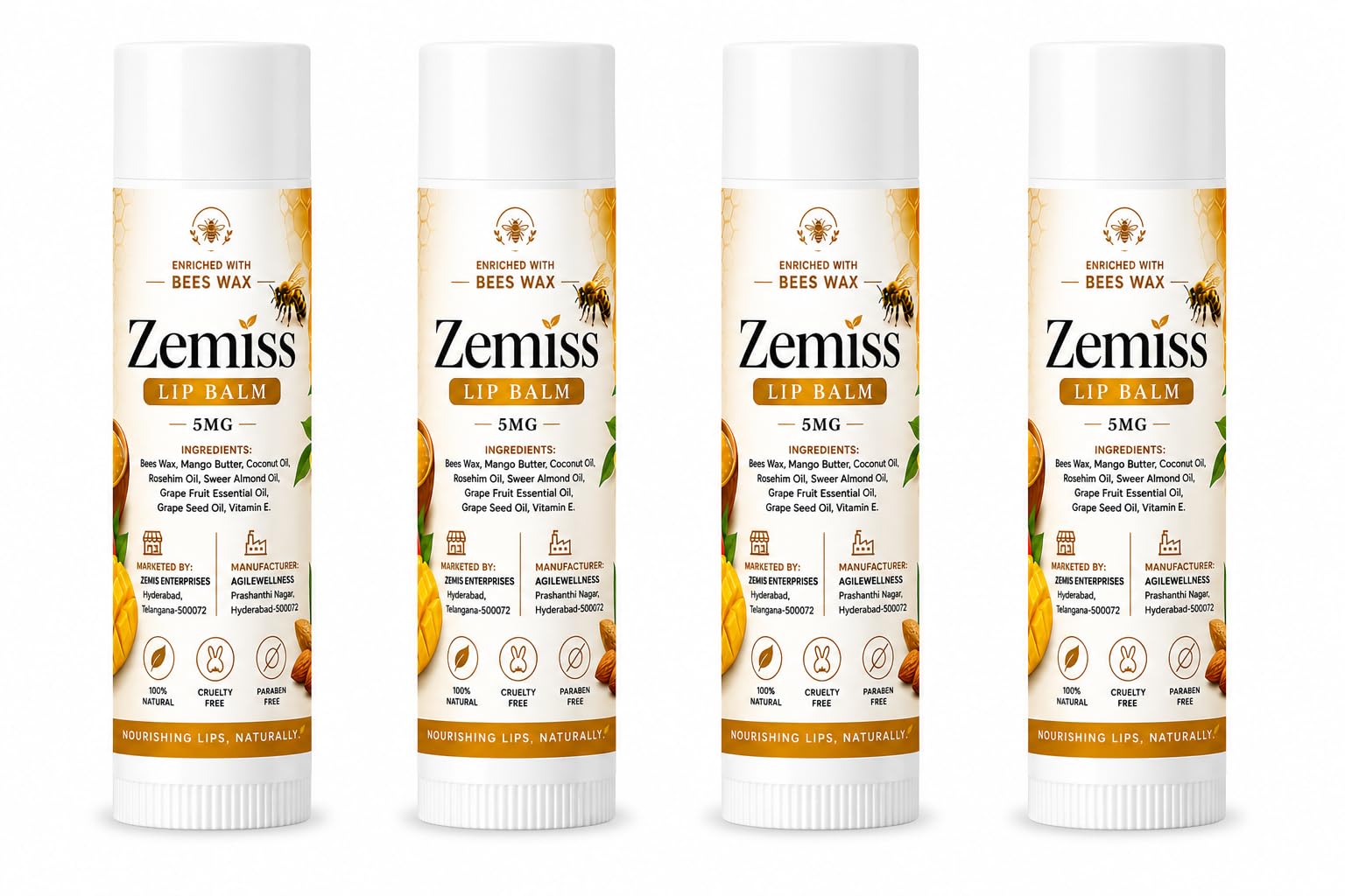 Zemiss Herbal Lip Balm Pack Of 4 | Honey Beeswax, Coconut Oil, Mango Butter, Almond Oil & Vitamin E | Deep Moisturizing & Nouris