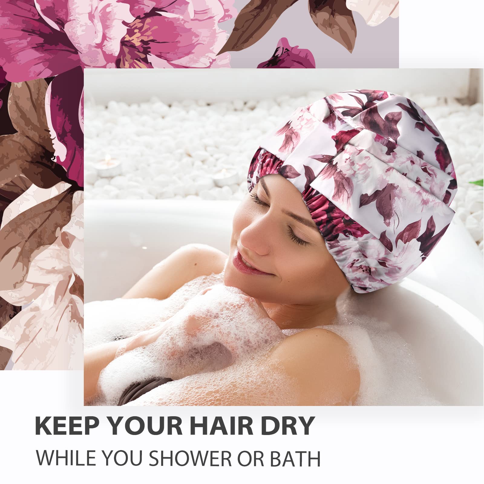 Innelo Luxury Shower Cap For Women Reusable Waterproof, Double Layered Shower Hair Cap With Adjustable Elastic Strap, Large Sati