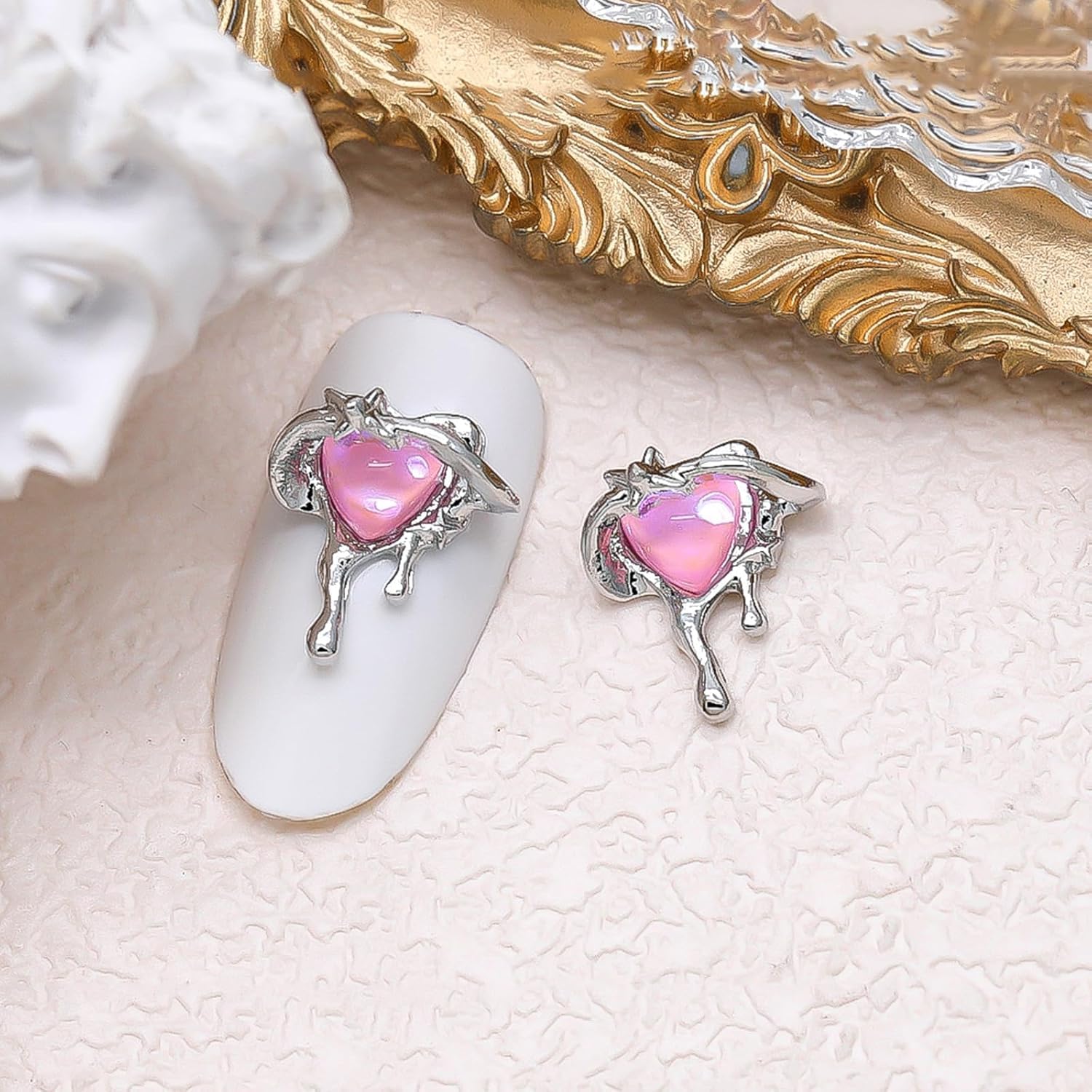 Valentine'S Day Nail Charms 3D Alloy Heart Nail Art Jewelry Charms 10Pcs Pink Love Heart Designs Nail Rhinestones Gems Hearts Cr