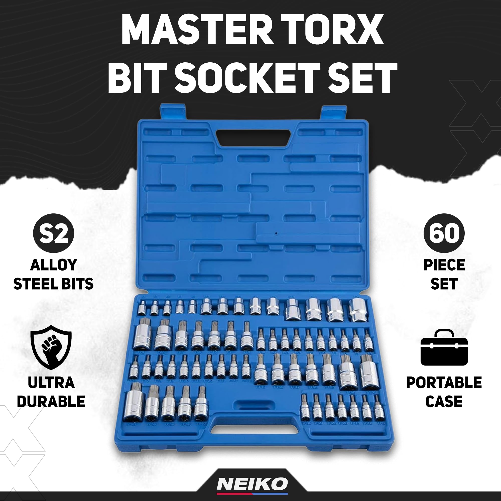 NEIKO 10083A Master Torx Bit Socket and External Torx Socket Set, S2 and CrV Steel, Supreme Torque Output Complete Kit, 60 Piece