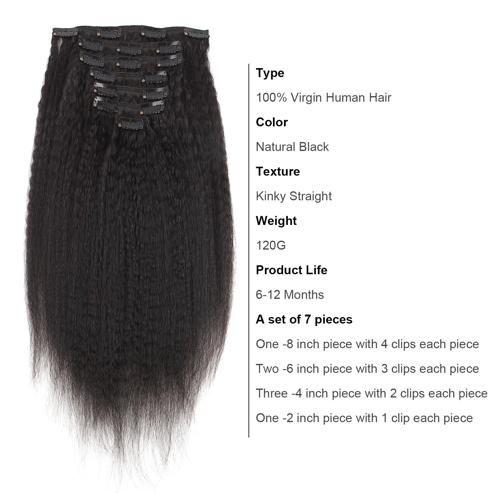 ABH AMAZINGBEAUTY HAIR Kinky Straight Clip ins for Black Women, 8A Grade Remy Human Hair, Natural Color, 17 Clips with 7 Pieces,