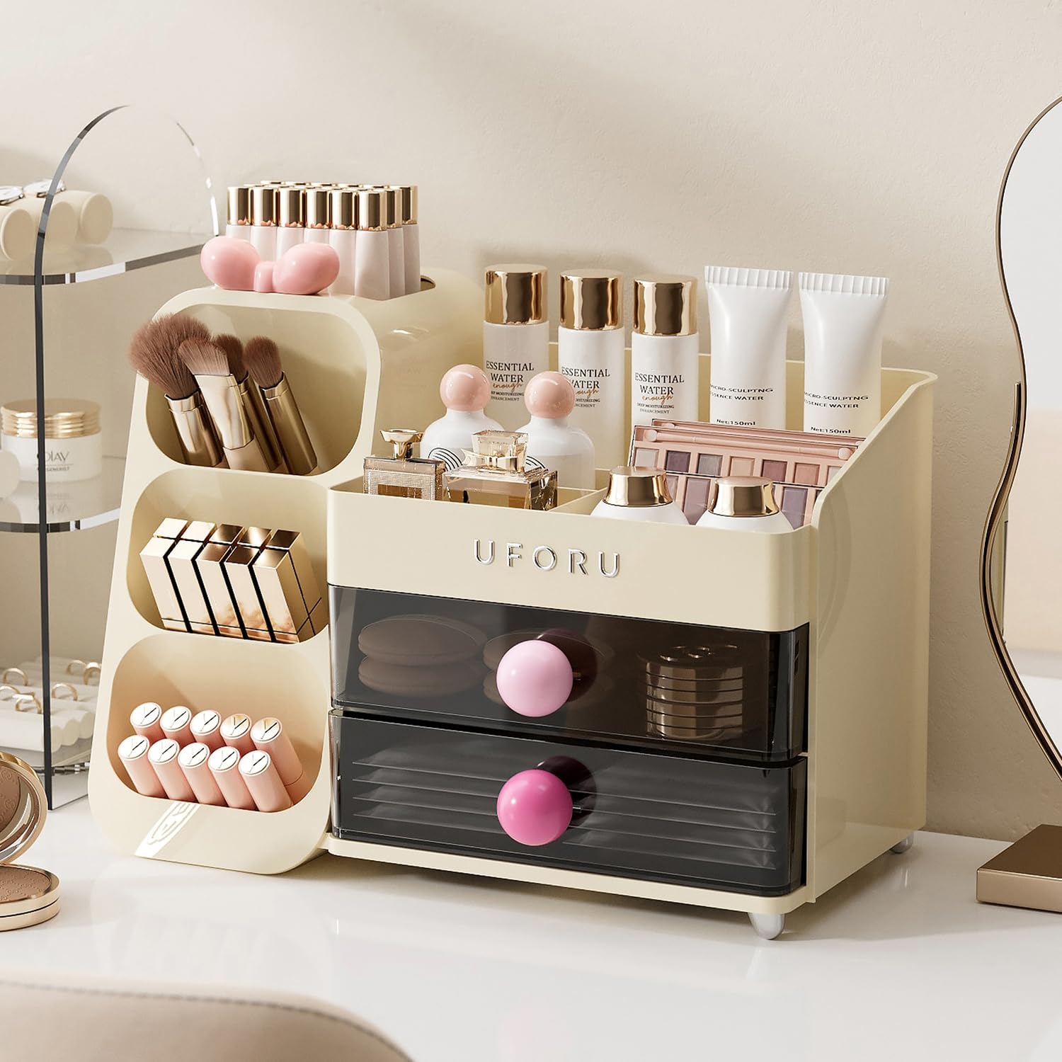 UFORU Makeup Organizer for Vanity with Brush Holder, Countertop Organizer with 2 Drawers, Spacious Cosmetic Display Case for Bea