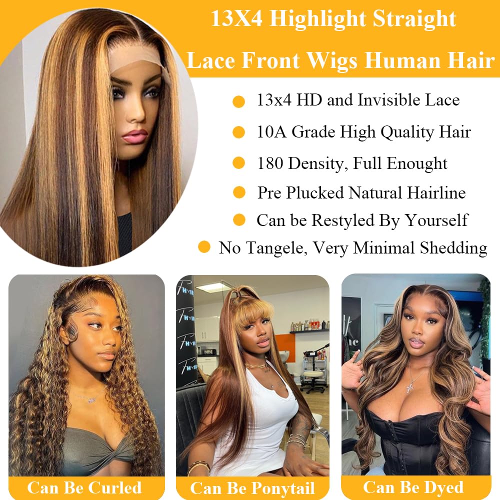 Metamuclia Honey Blonde 13X4 Hd Lace Front Wig Human Hair Highlight Straight Lace Frontal Wigs Human Hair Pre Plucked 20 Inch 18