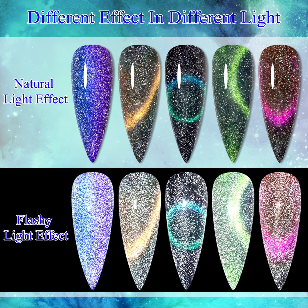 Mizhse Reflective 9D Cat Eye Gel Nail Polish, Galaxy Holographic Magnetic Gel Polish Set With Chameleon Effect Soak Off Gel Nail