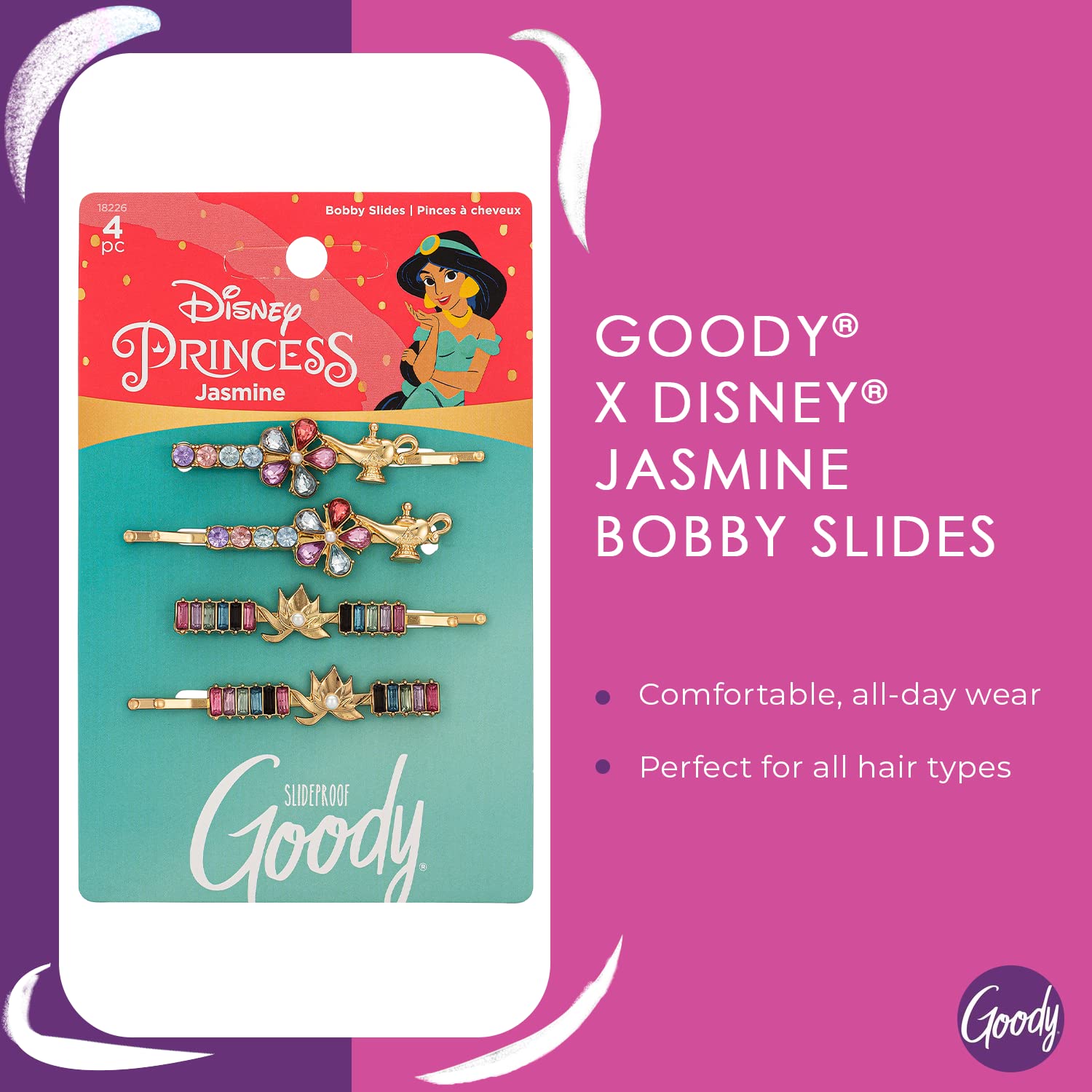 GOODY Bobby Pins - 4 Count, Disney Princess, Jasmine - Slideproof Rhinestone Bobbies - Hair Accessories for Men, Women, Boys & G