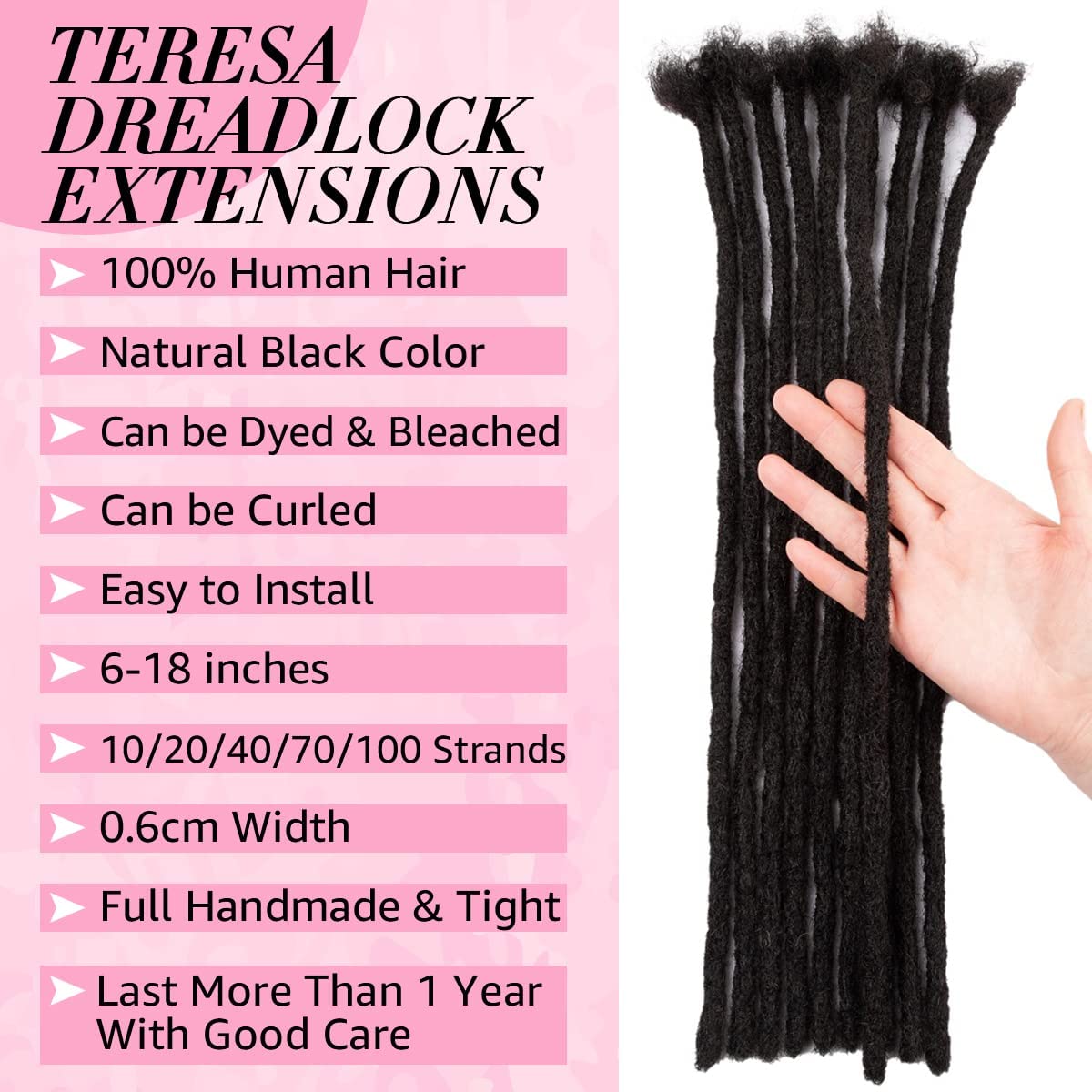 Teresa 0.4cm & 0.6cm & 0.8cm Width 8 Inch 40 Strands100% Human Hair Dreadlock Extensions for Men/Women/Kids, Full Hand-made Locs