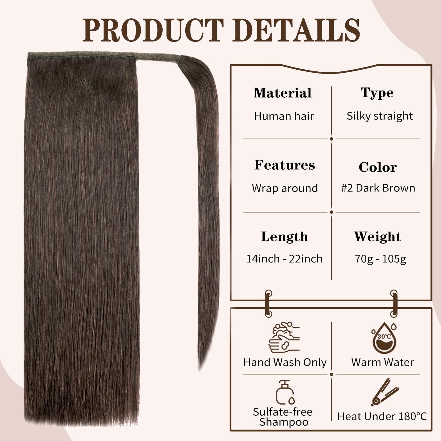 14 Inch Ponytail Extension Human Hair 70G #2 Dark Brown 100% Remy Human Hair Ponytail Long Straight Wrap Around Ponytail Human H