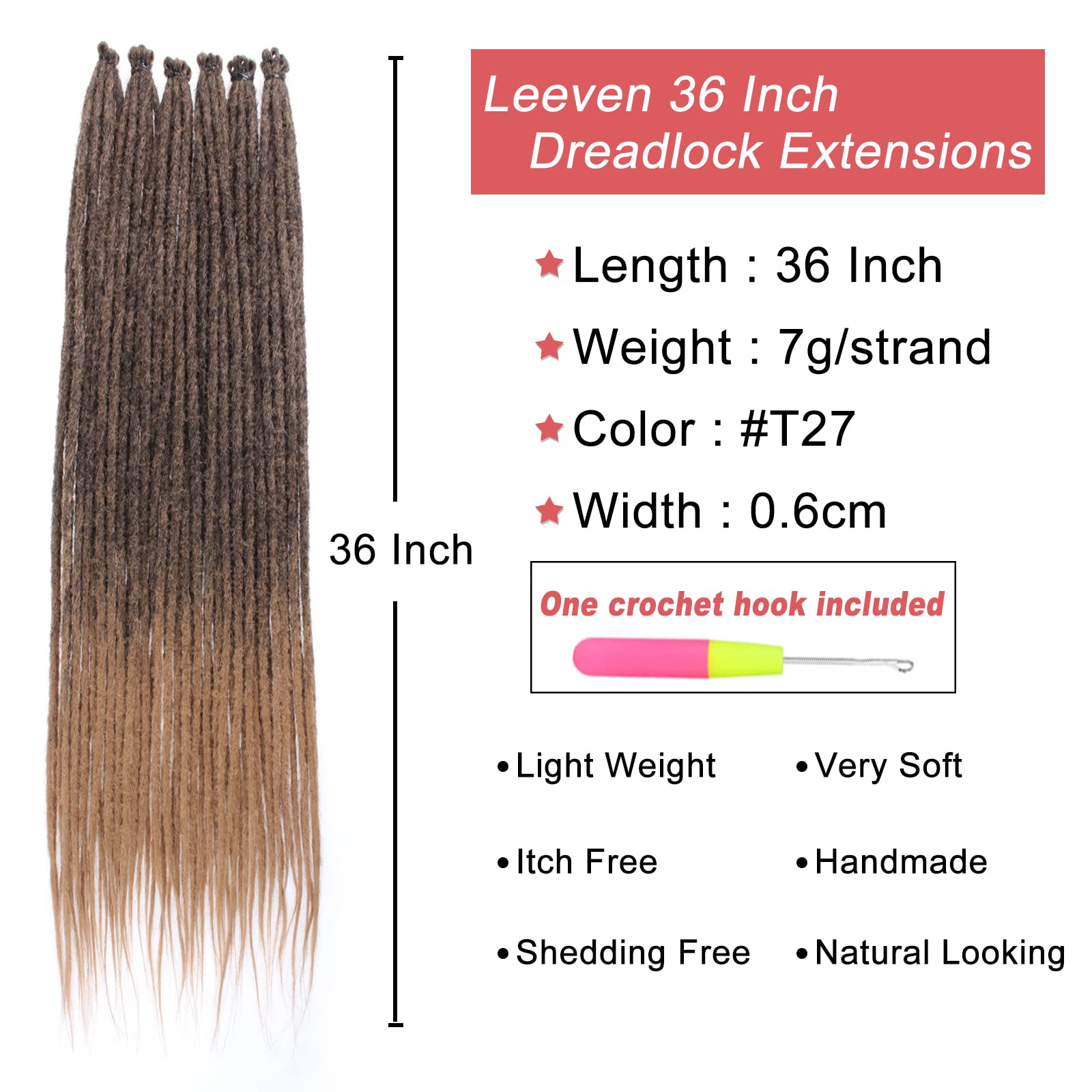 Leeven Thin 36 Inch Dreadlock Extensions 20 Strands Single Ended Ombre Honey Blonde Dreads Reggae Crochet Braiding Hair 0.6 cm W