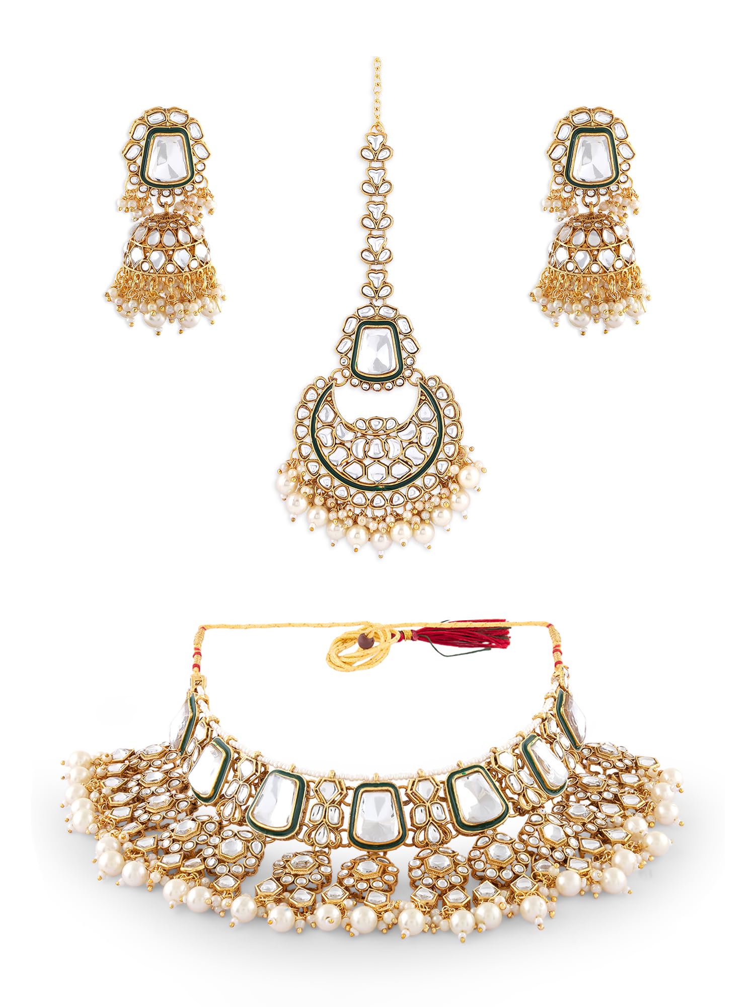 Zaveri Pearls Green Meenakari Kundan Bridal Choker Dazzling Necklace Earring Maangtikka Set For WomenZpfk19019