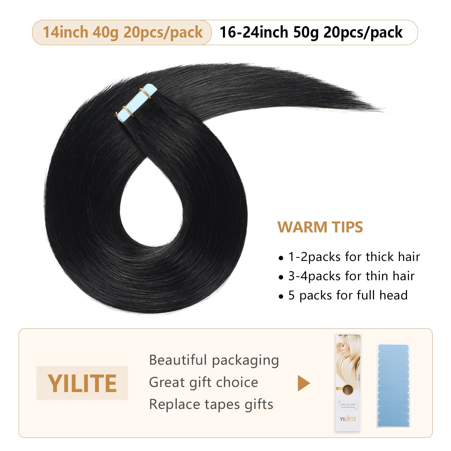 Yilite Tape In Human Hair Extensions 24 Inches 20Pcs 50G Silky Straight Human Hair Extensions Tape In Jet Black Color Tape In Ha