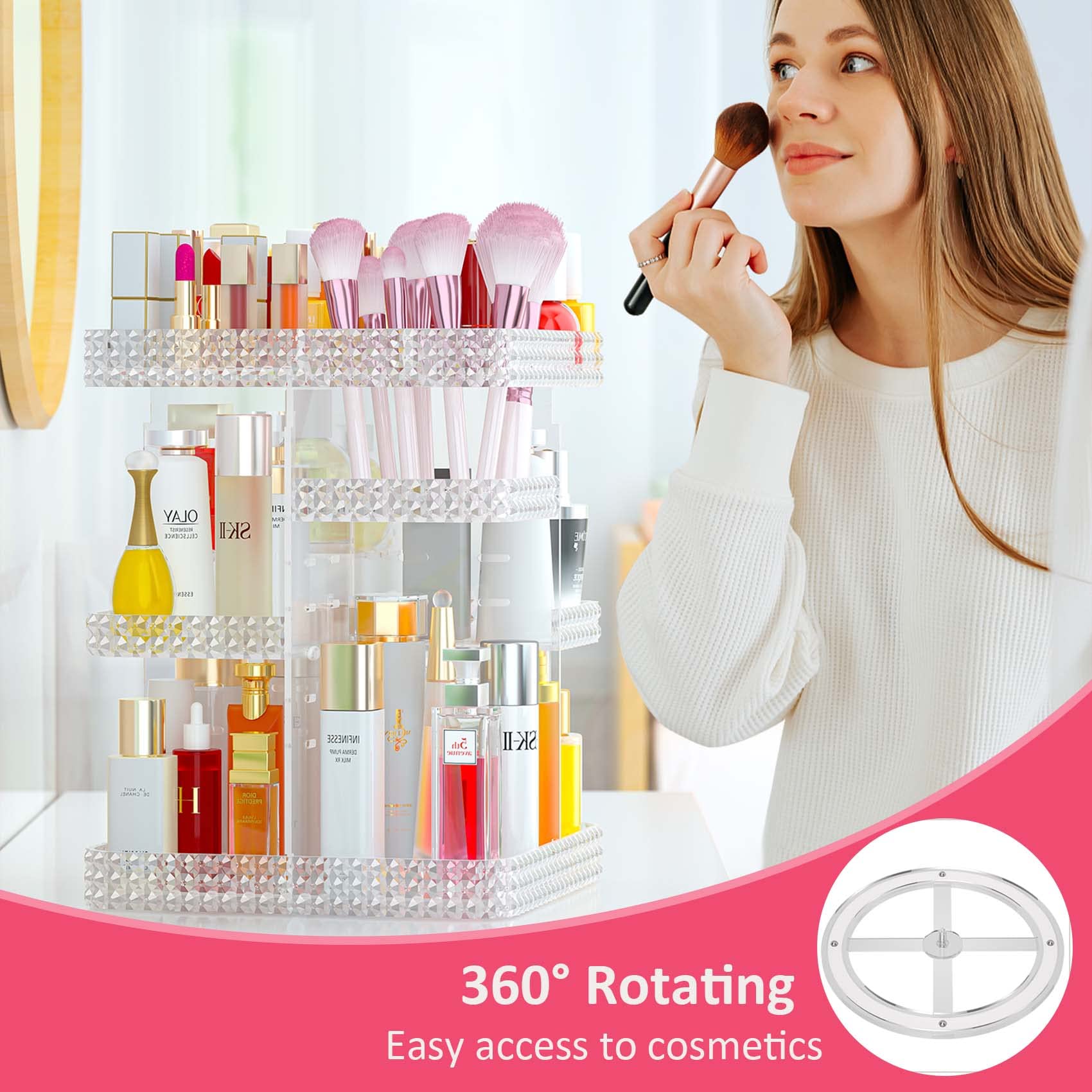 Bocony Rotating Makeup Organizer, Large Capacity Cosmetic Display Case, Acrylic Skincare Organizer With Makeup Brush, Makeup Sto
