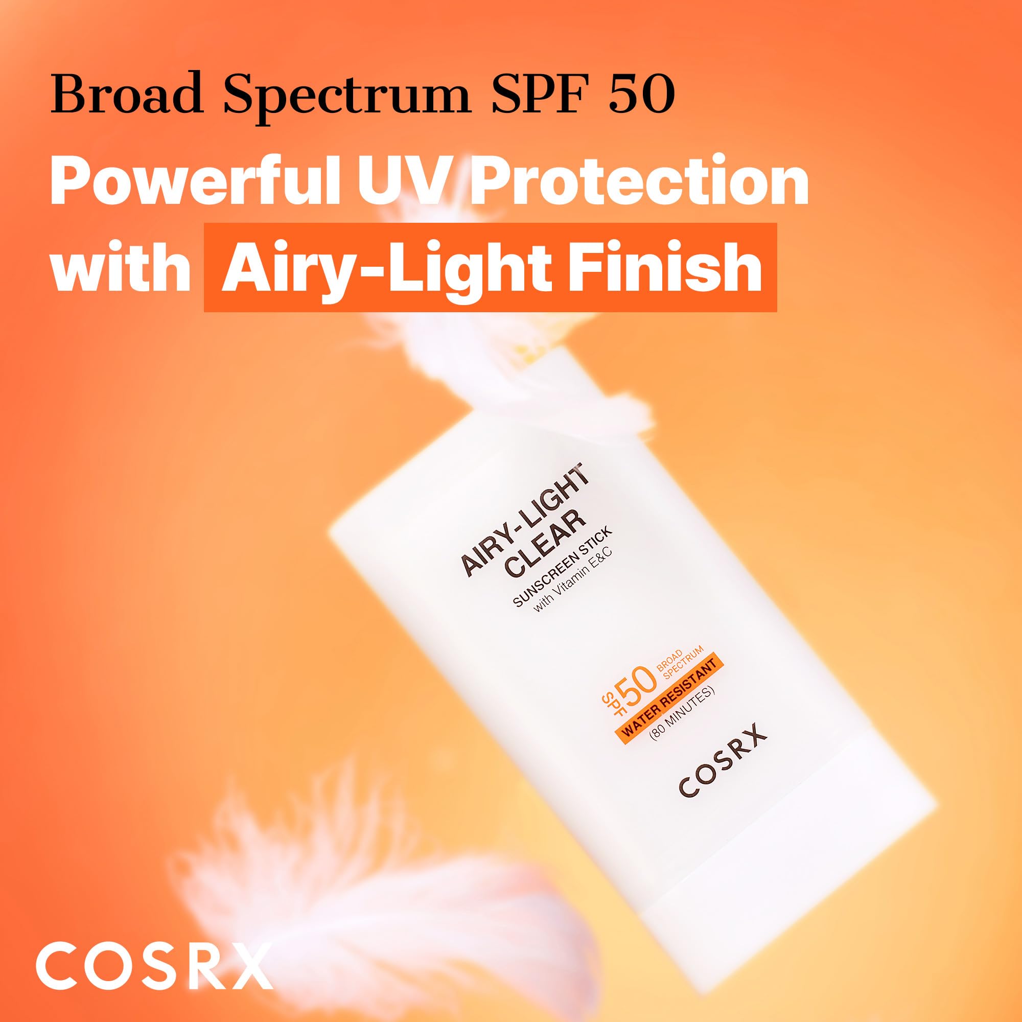 COSRX Airy-Light Clear Sunscreen Stick with Vitamin E & C SPF 50, 0.67 oz, 19g, Lightweight, Travel Essentials, Summer Essential