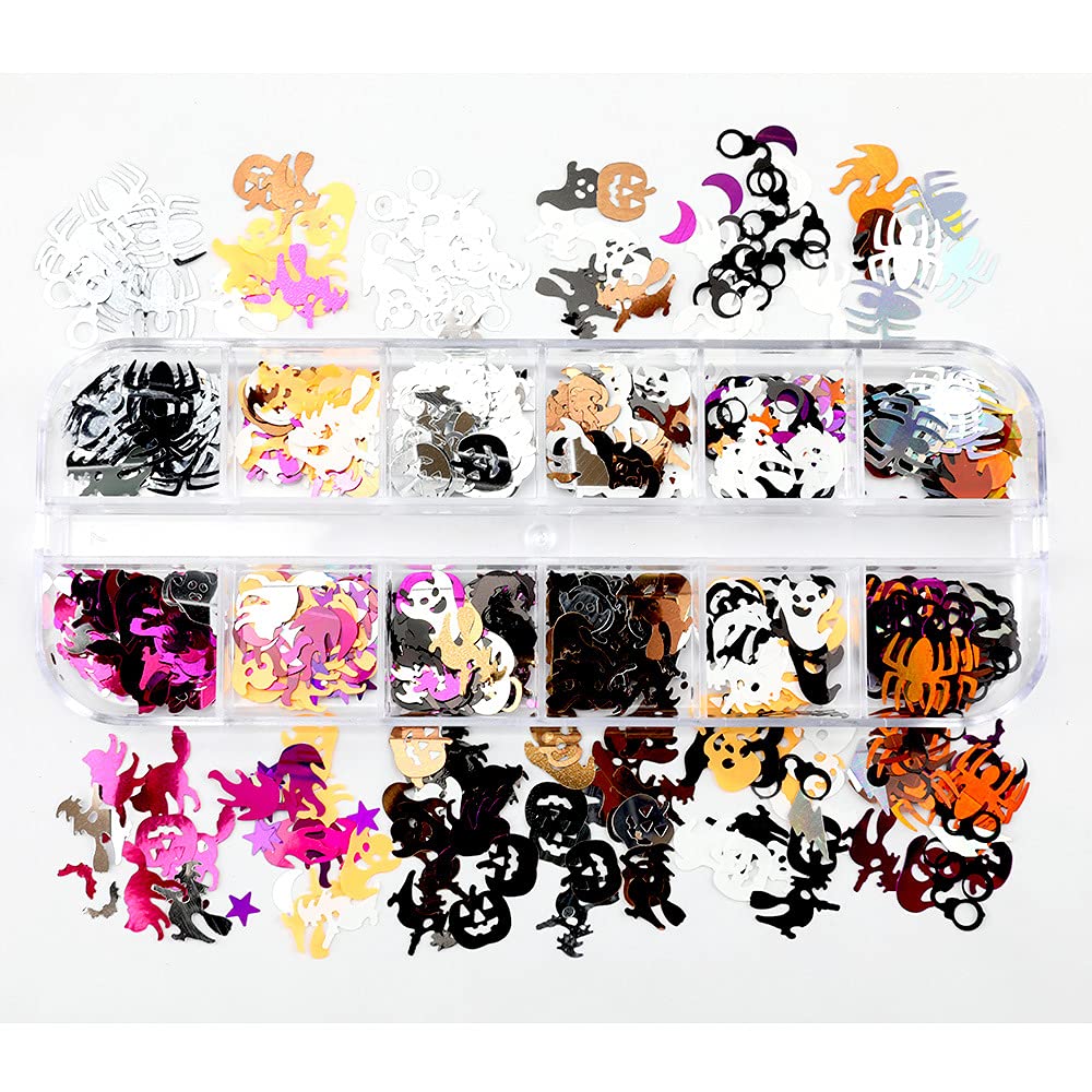 Changar Halloween Nail Art Glitters Halloween Nail Sequins Holographic Spider Pumpkin Skeleton Bat Ghost Wizard Nail Glitter Seq