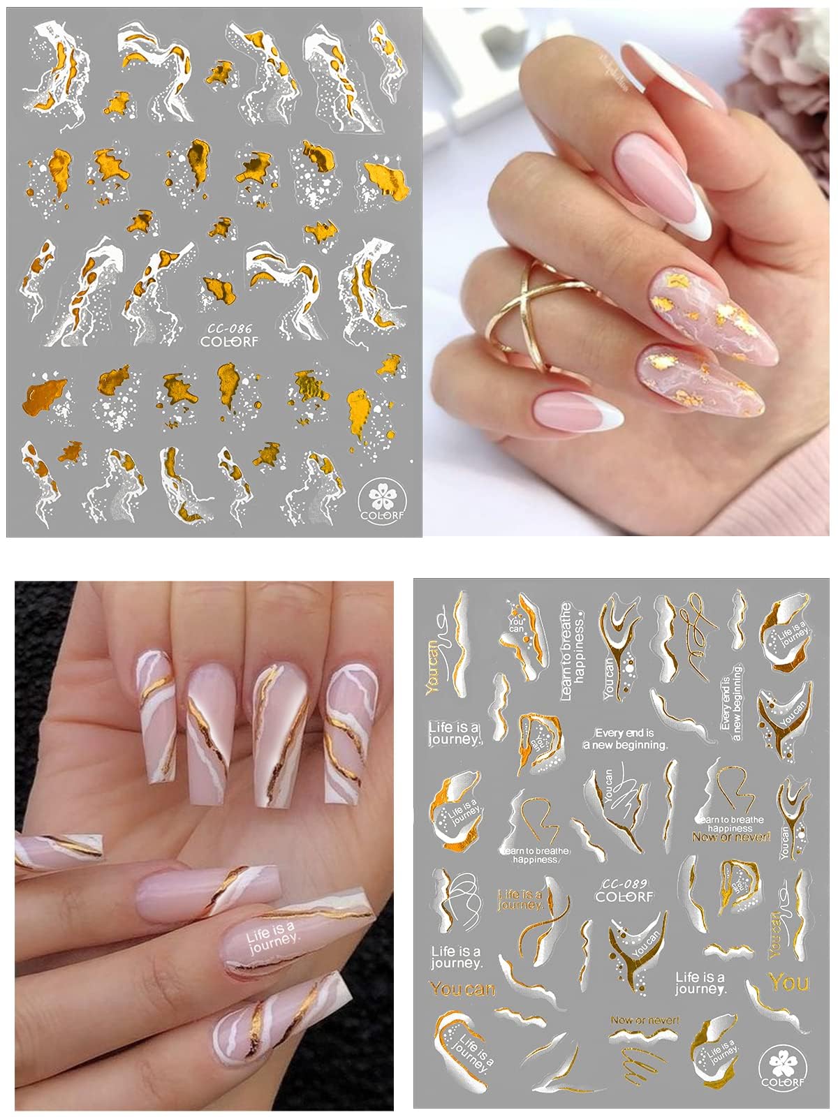 12 Sheets Nail Art Stickers Decals,Torokom Self-Adhesive White Black Gold Stripe Line Nail Decals Marble Wave Nail Sticker Suppl