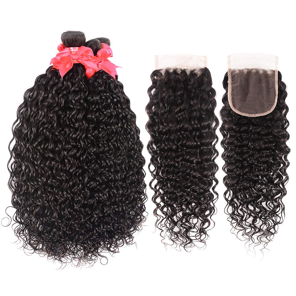 Miss Gaga 8A Water Wave Bundles With Closure (10 10 10+8) Wet And Wavy Unprocessed Brazilian Virgin Human Hair 3 Bundles With Cl