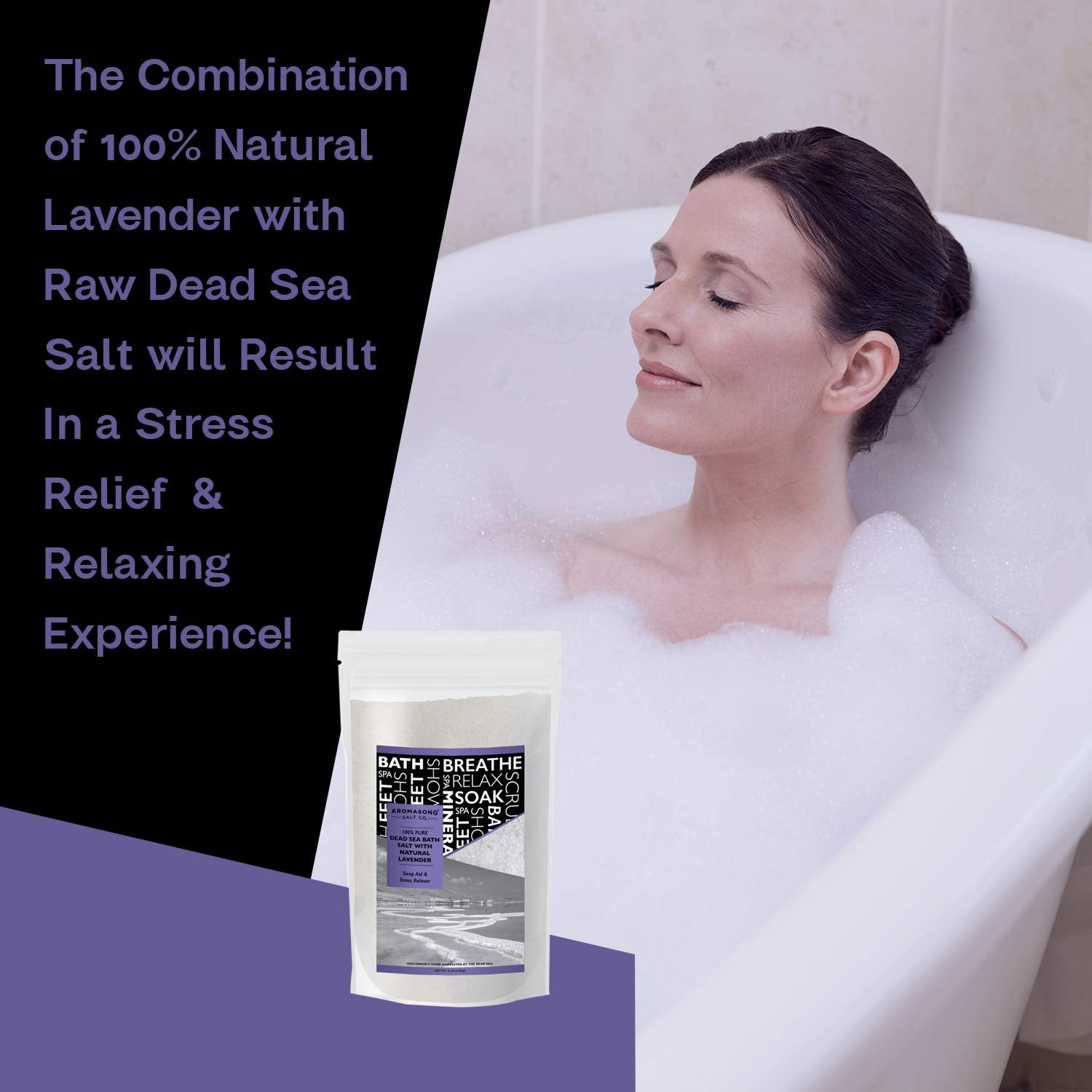 Aromasong Pure Dead Sea Salt For Soaking With 100% Natural Lavender Essential Oil - 2.43 Lb Spa Bath Salt In Resealable Pack - S