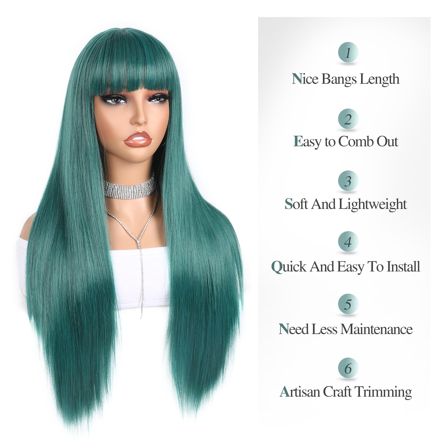 Wiger Long Green Wigs With Bangs Straight Dark Green Hair Wig For Women Long Bangs Wig Full Green Cosplay Wig For Girls Syntheti