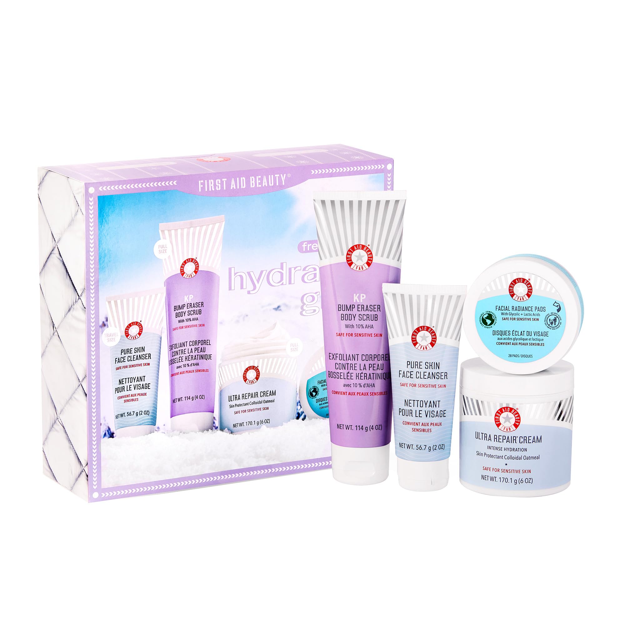 First Aid Beauty - Hydrated Glow Kit: KP Bump Eraser Body Scrub, 4 oz, Facial Radiance Pads, 28 Pads, Pure Skin Face Cleanser, 2