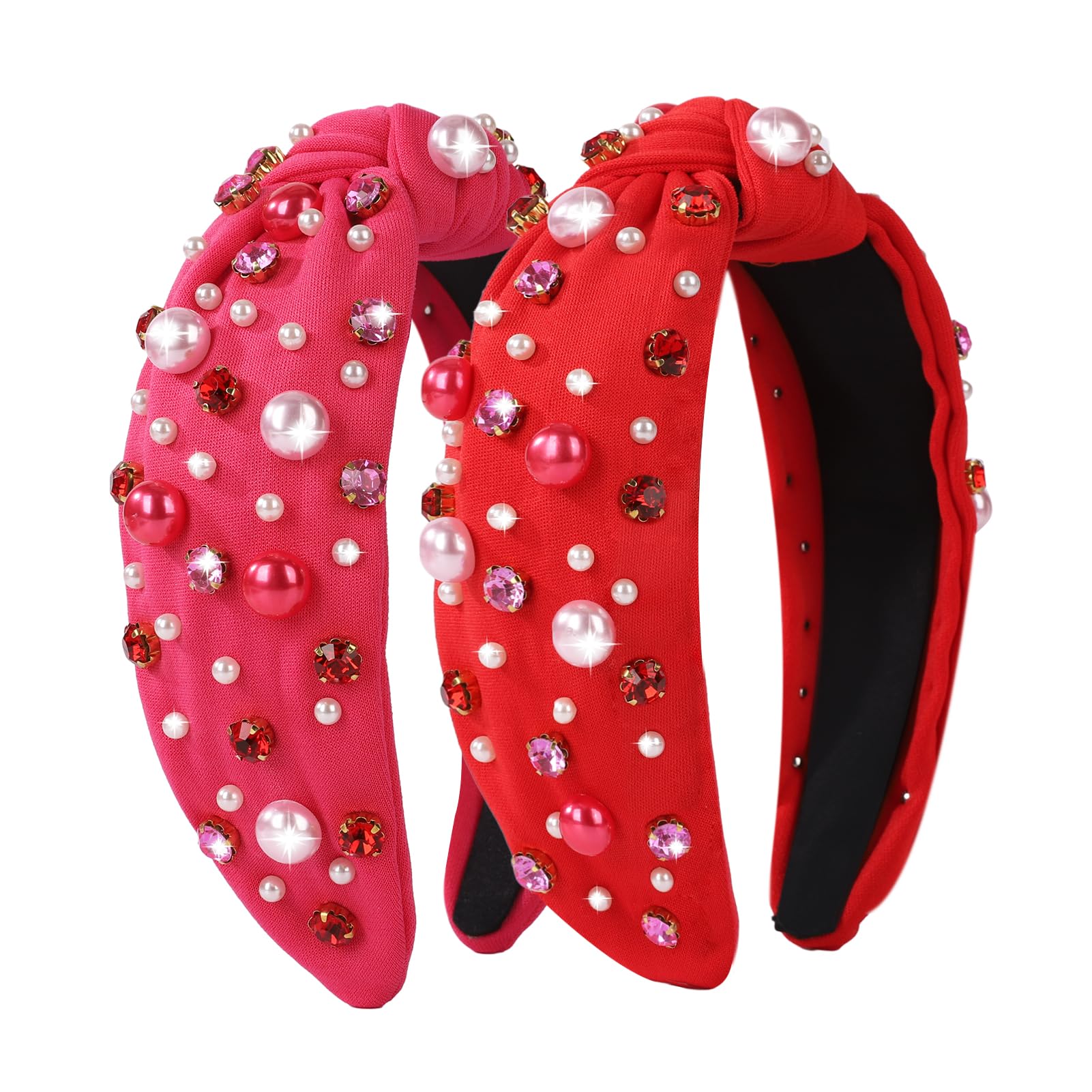 winthrop 2 Pack Valentine's Day Headband for Women Pearl Rhinestone Crystal Jeweled Embellished Ladies Wide Top Knot Pink Red Ma