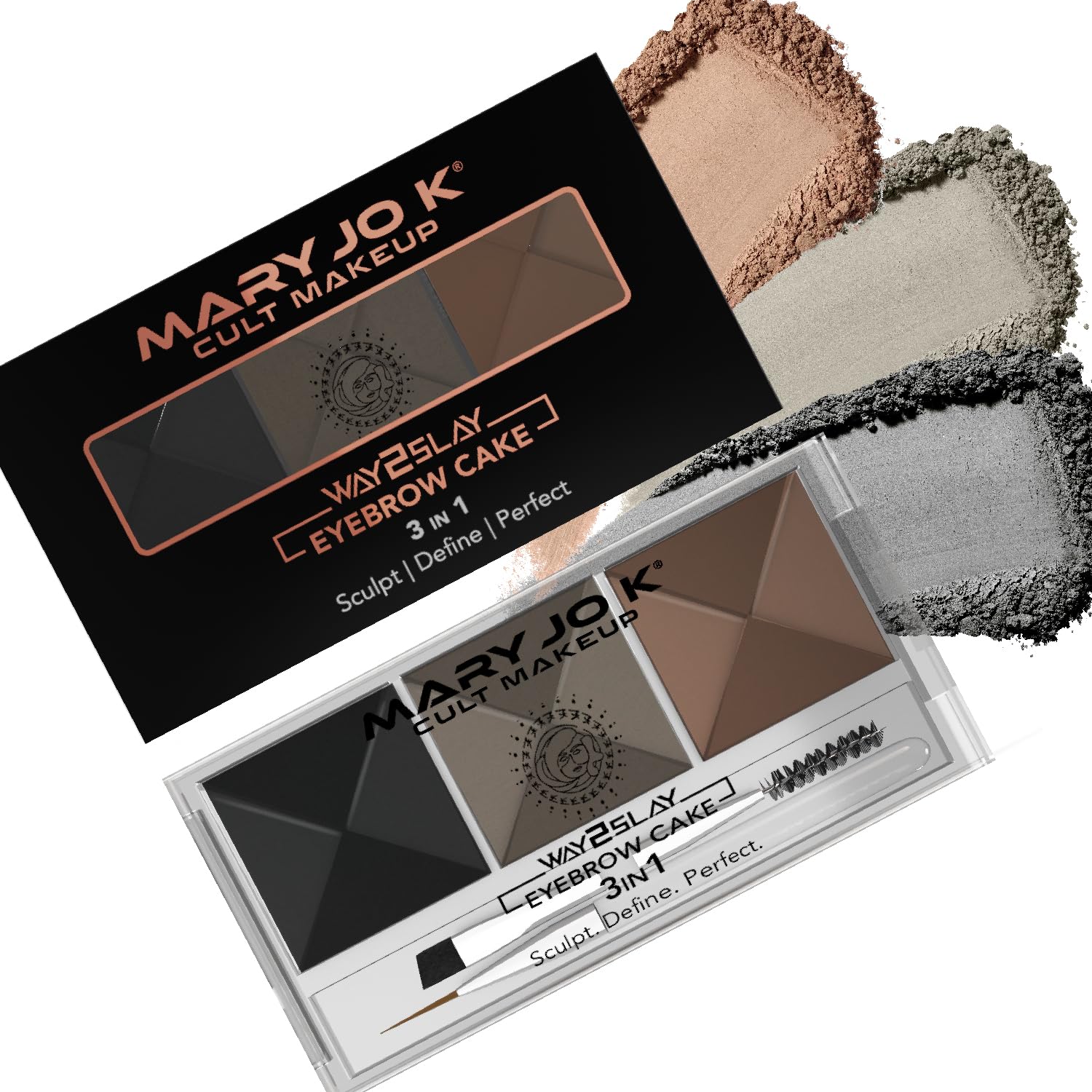 Mary Jo K Way2Slay Eyebrow Cake, 3In1 Professional Brow Powder Kit With Brush, Black And Brown Shades