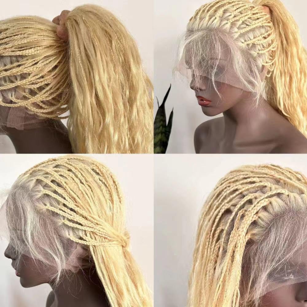 FlowerSeason Human hair #613 Color Boho Box Braids Wig 100% Human Hair BLonde Braided Wig Full Lace Long Square Parted Knotless