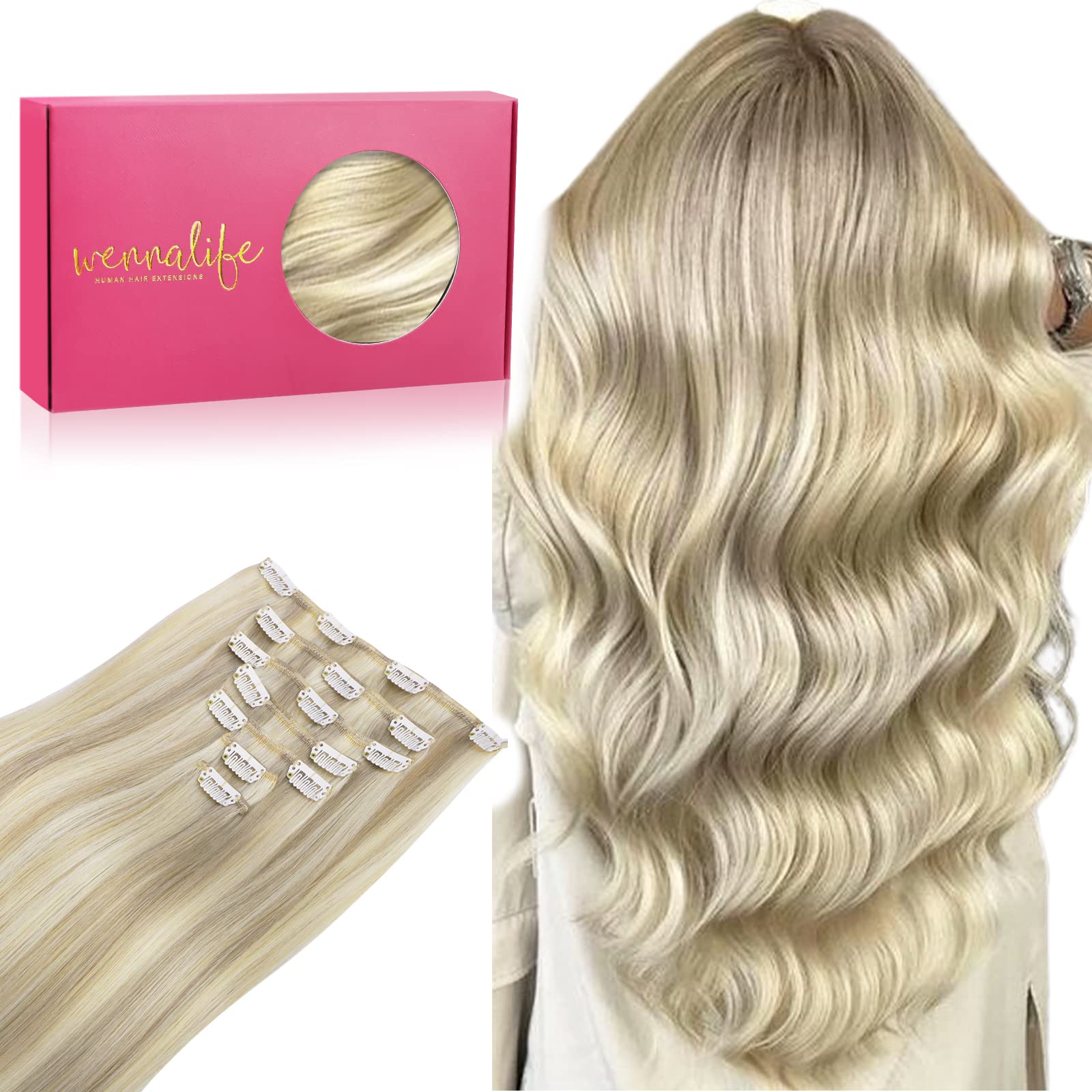 Wennalife Clip In Hair Extensions, 14 Inch 120G 7Pcs Ash Blonde Highlighted Platinum Blonde Hair Extensions Clip In Human Hair R