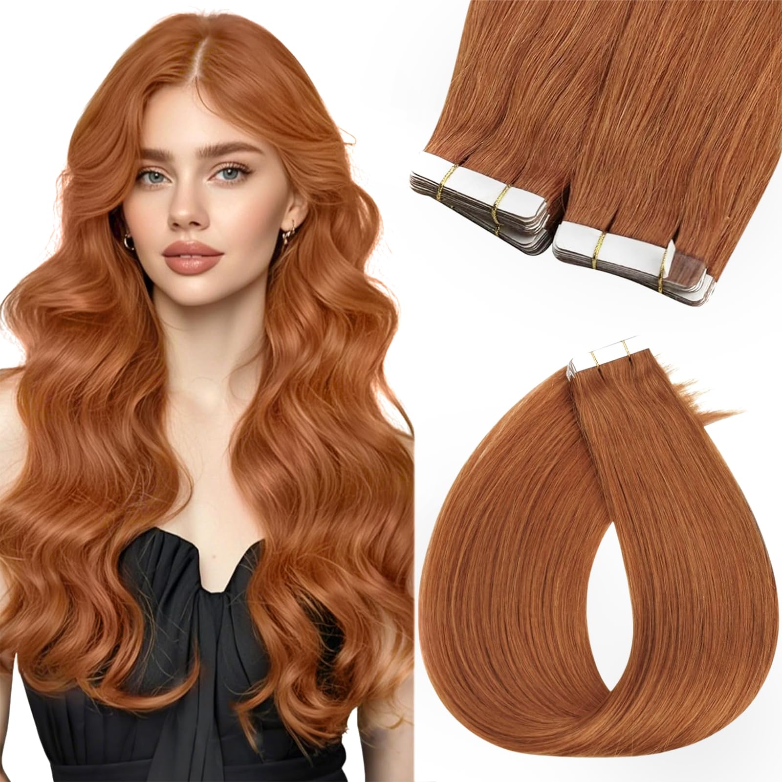 Sunny Hair Tape in Hair Extensions Real Human Hair Invisible Remy Hair Extensions Tape ins for Women Copper Red 18 inch 20Pcs 50
