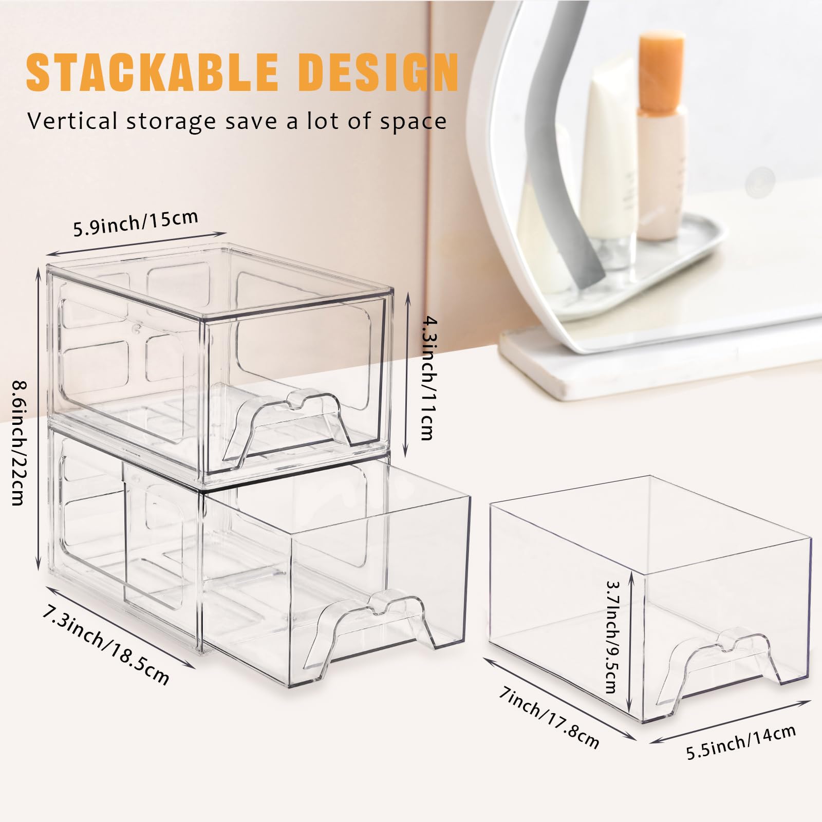 Stebopum 6 Pack Stackable Makeup Organizer, 4.4'' Tall Acrylic Bathroom Makeup Organizer And Storage Drawer With Pull-Out Handle