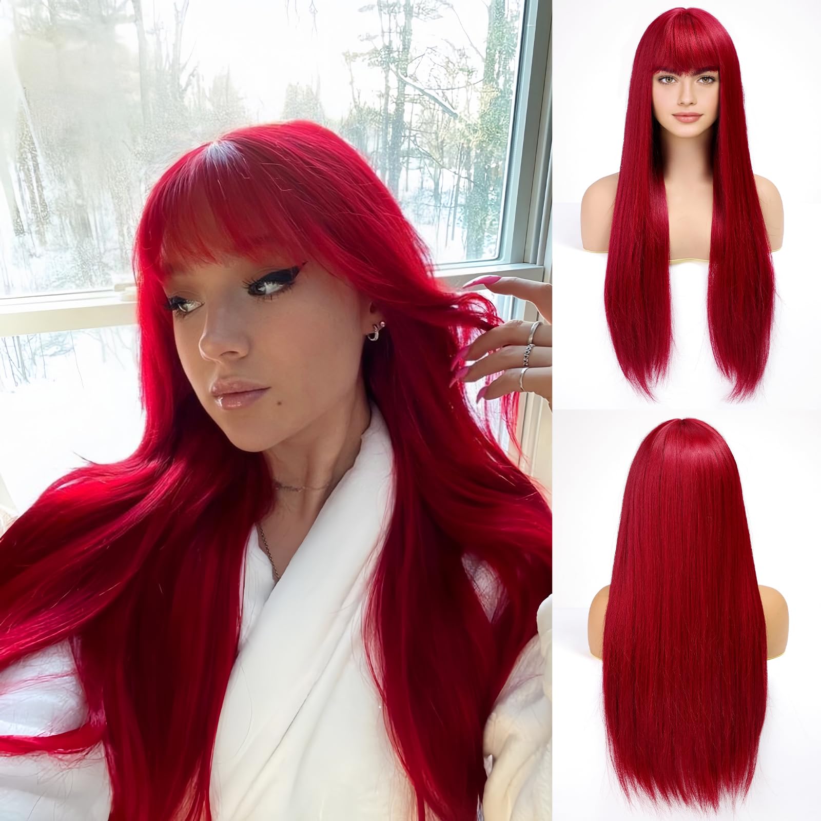 EMMOR Red Wig With Bangs For Women Long Straight Wigs Synthetic For Girls Halloween Party Cosplay And Daily Use(26'' Red)