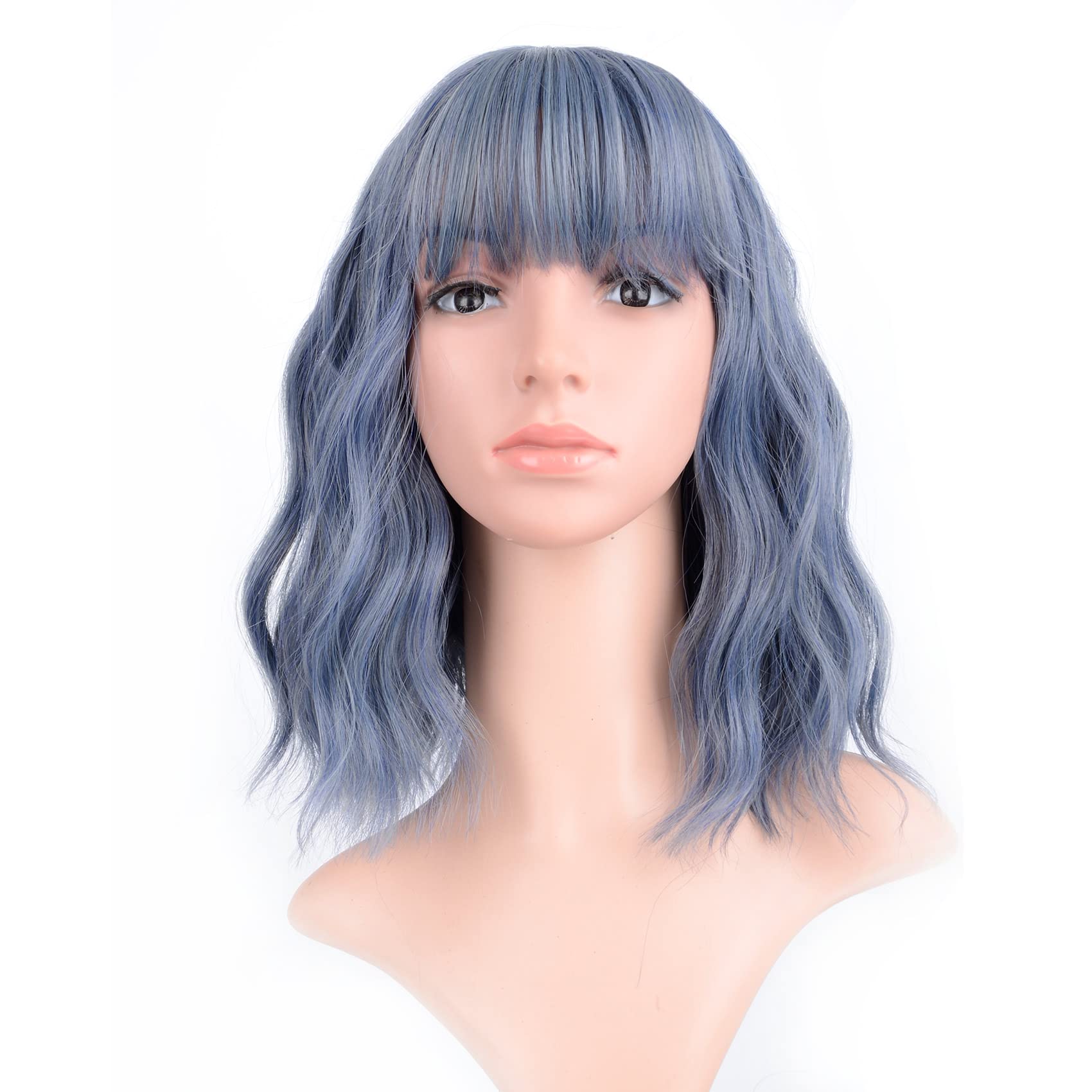 VCKOVCKO Wavy Wig Short Bob Wigs With Air Bangs Shoulder Length Women's Short Wig Curly Wavy Synthetic Cosplay Wig Pastel Bob Wi