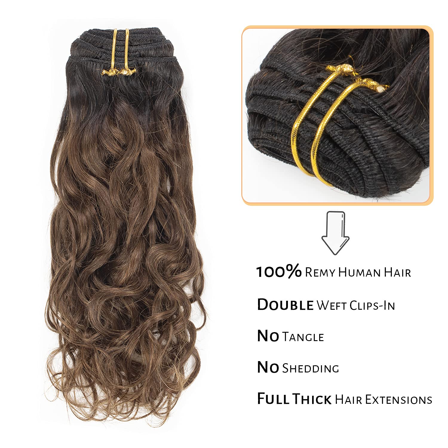 LacerHair Ombre Two Tone Natural Wave Human Hair Curly Clip in Hair Extensions 16Inch 120G 7Pcs Double Weft Natural Black Fading