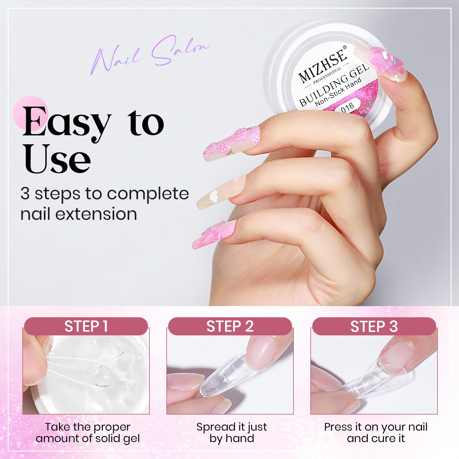 Mizhse Solid Builder Gel, Aurora Pink & Clear Hard Gel For Nails, Non-Sticky Building Gel Sculpting Gel 3D Gel Nail Mermaid Pear