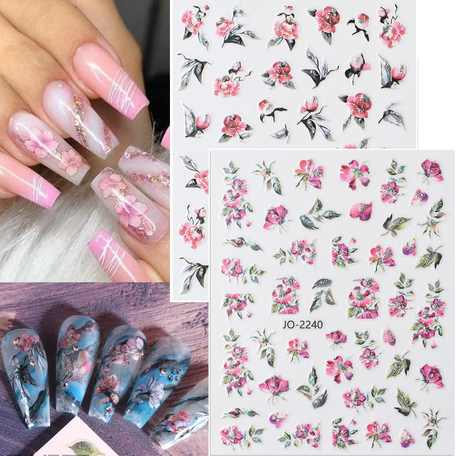Zoance Flowers Nail Art Sticker Dacals, Holographic Nail Glitter Design Nail Stickers Floral Spring Nail Decals 3D Self-Adhesive