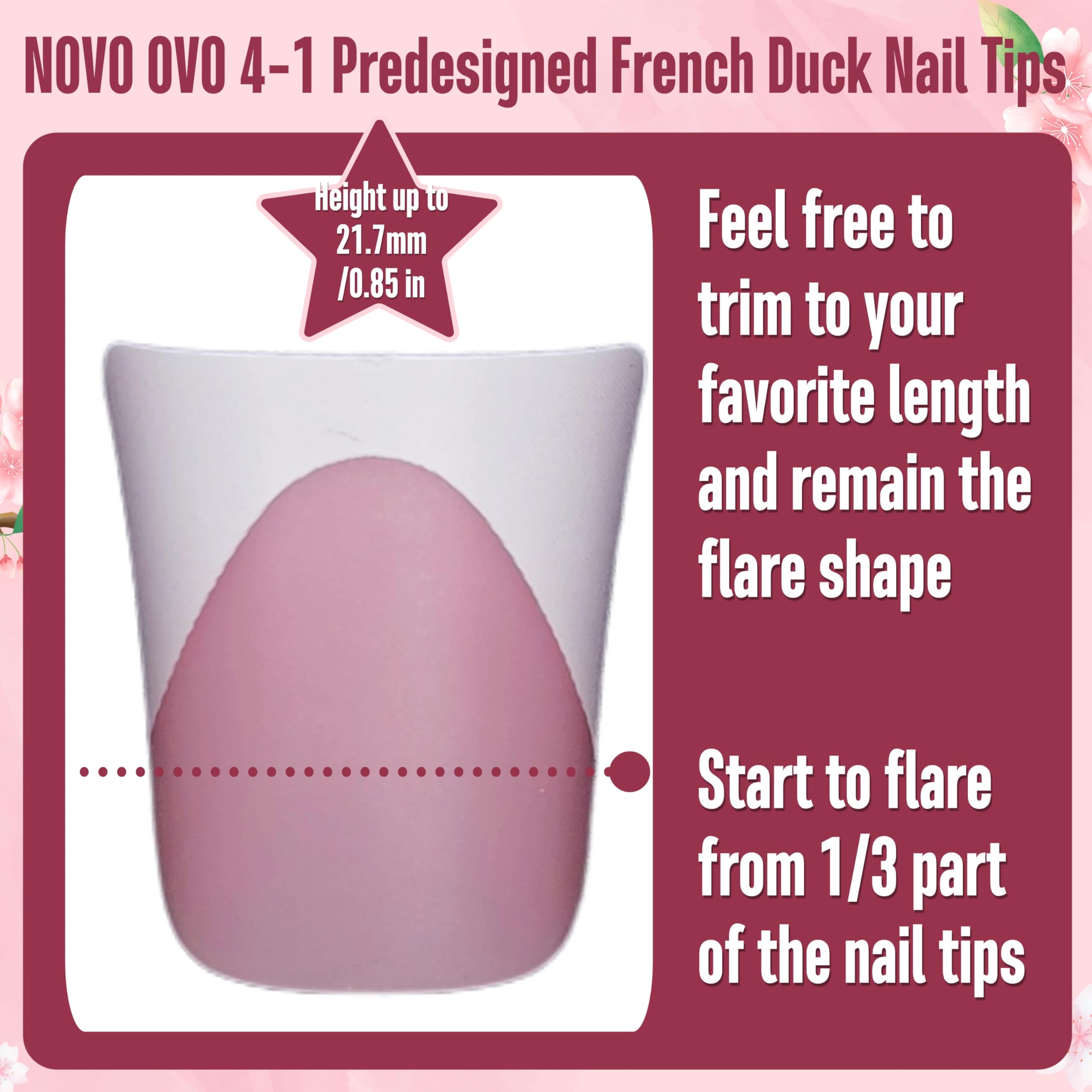 NOVO OVO French Tip Short Duck Nail Tips Press on, Pre-designed Soft Gel Nail Extension, BERRY PINK Pre-applied Tip Primer & Bas
