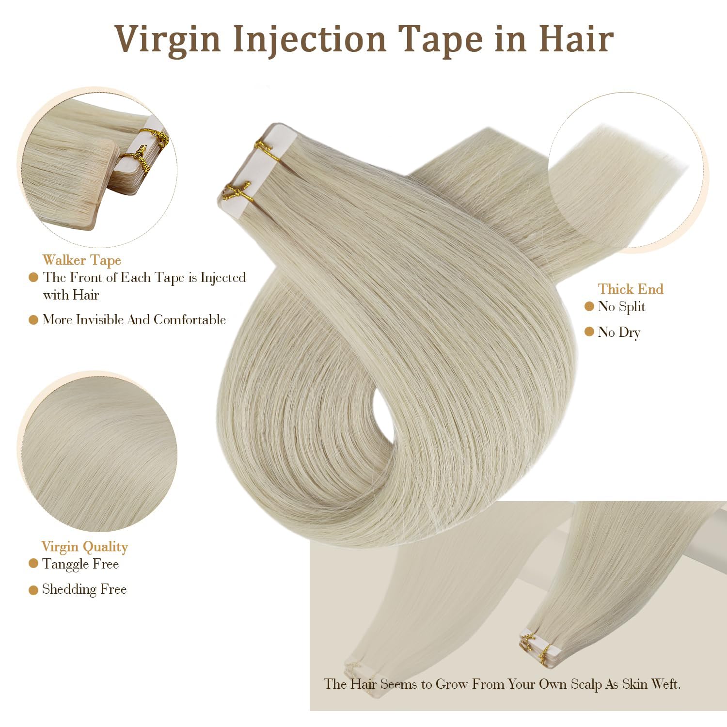 Full Shine Blonde Virgin Injected Tape In Hair Extensions 5Pcs Color 1000 Ice Blonde Seamless Skin Weft Machine Remy Tape In Ext