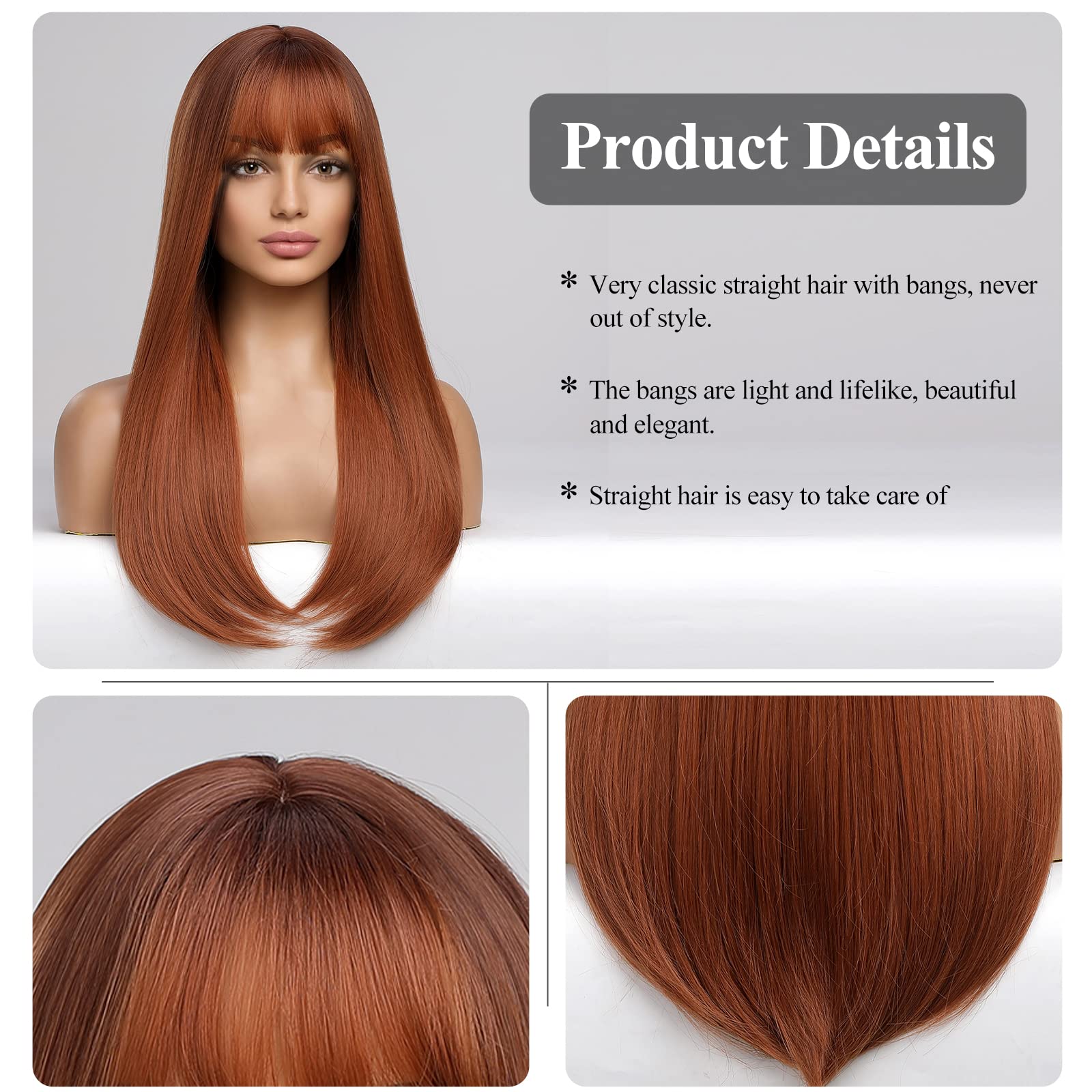 Haircube Auburn Wig With Bangs Long Hair With Bangs Red Hair Natural Appearance Heat-Resistant Synthetic Wig Daily Play Party Su