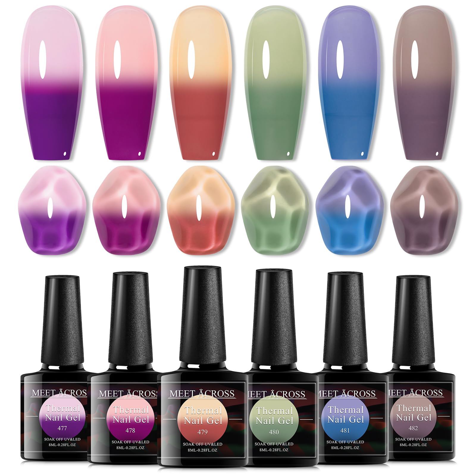 MEET ACROSS Jelly Color Changing Gel Nail Polish Translucent Temperature Changing Thermal Nail Gel Purple Pink Blue Green Orange