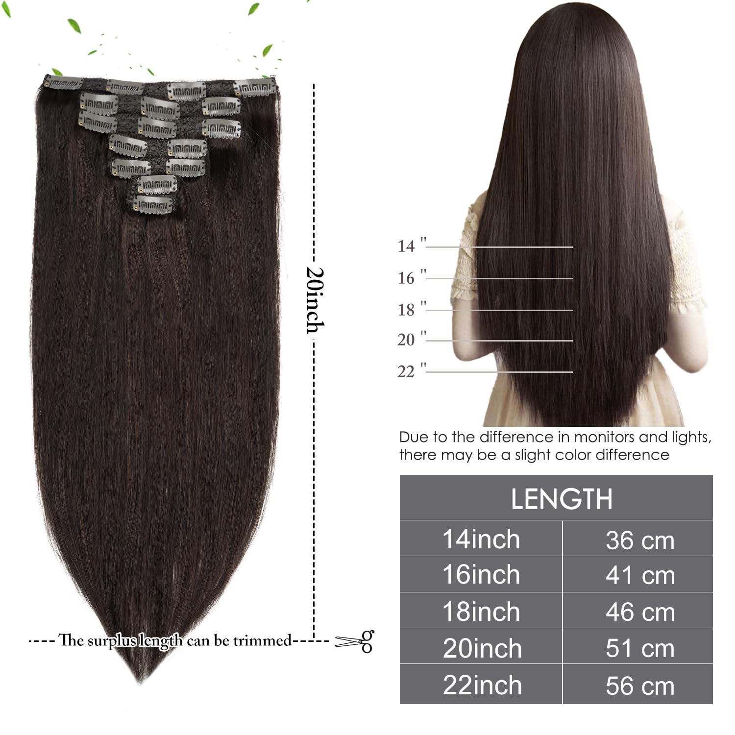 14 Inch Clip In Hair Extensions Real Human Hair 110G 7 Pieces 16 Clips Dark Brown #2 Double Weft Human Hair Clip In Extensions S