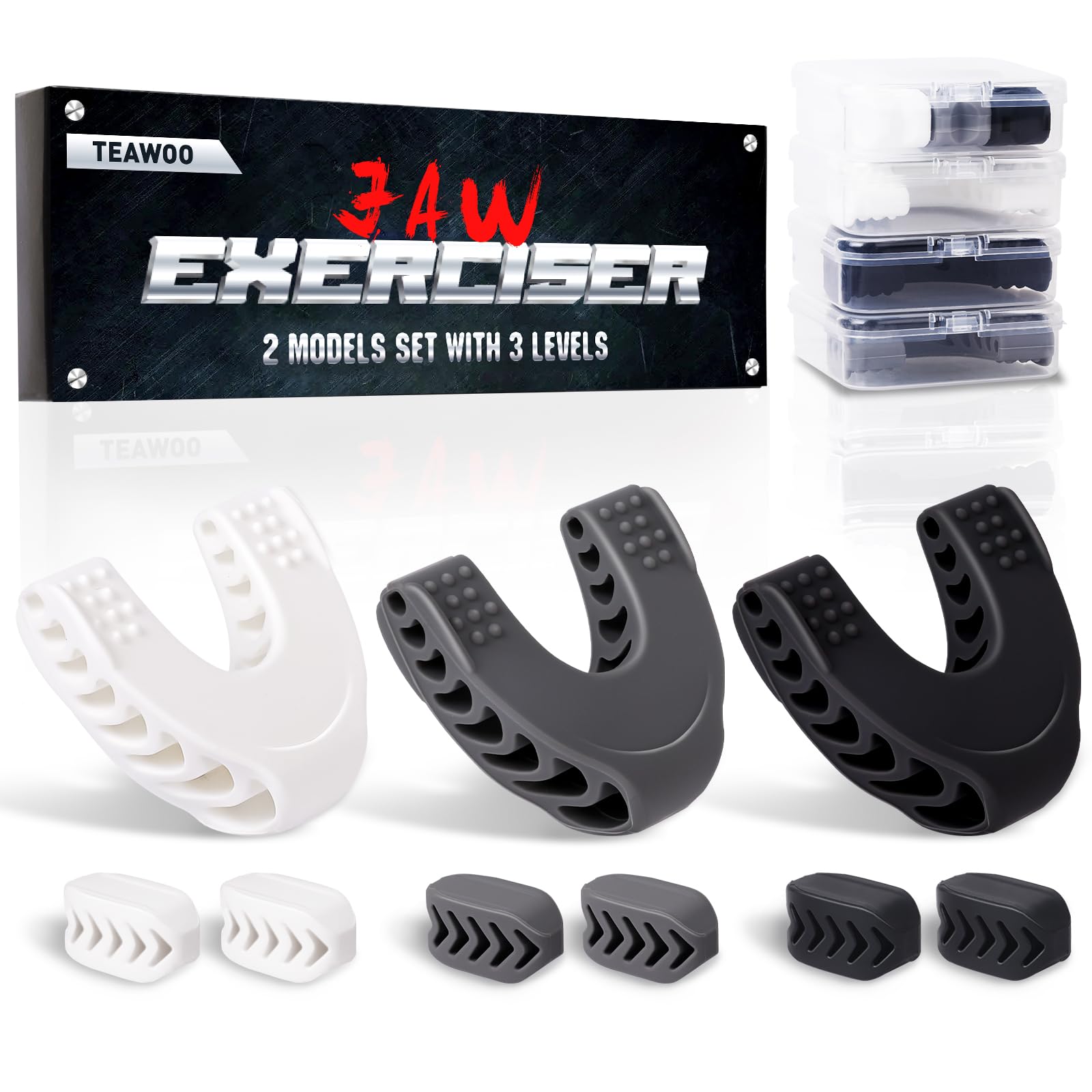 TEAWOO 9PCS Jaw Exerciser for Men & Women, 2 Model Set with 3 Resistance Levels Silicone Jaw Toner for Beginner, Intermediate & 
