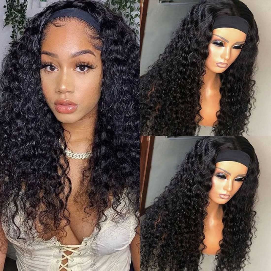 Beauty Forever Headband Human Hair Wig Water Wave Glueless Human Hair Wigs With Pre-Attached Scarf Non Lace Front Wigs For Women