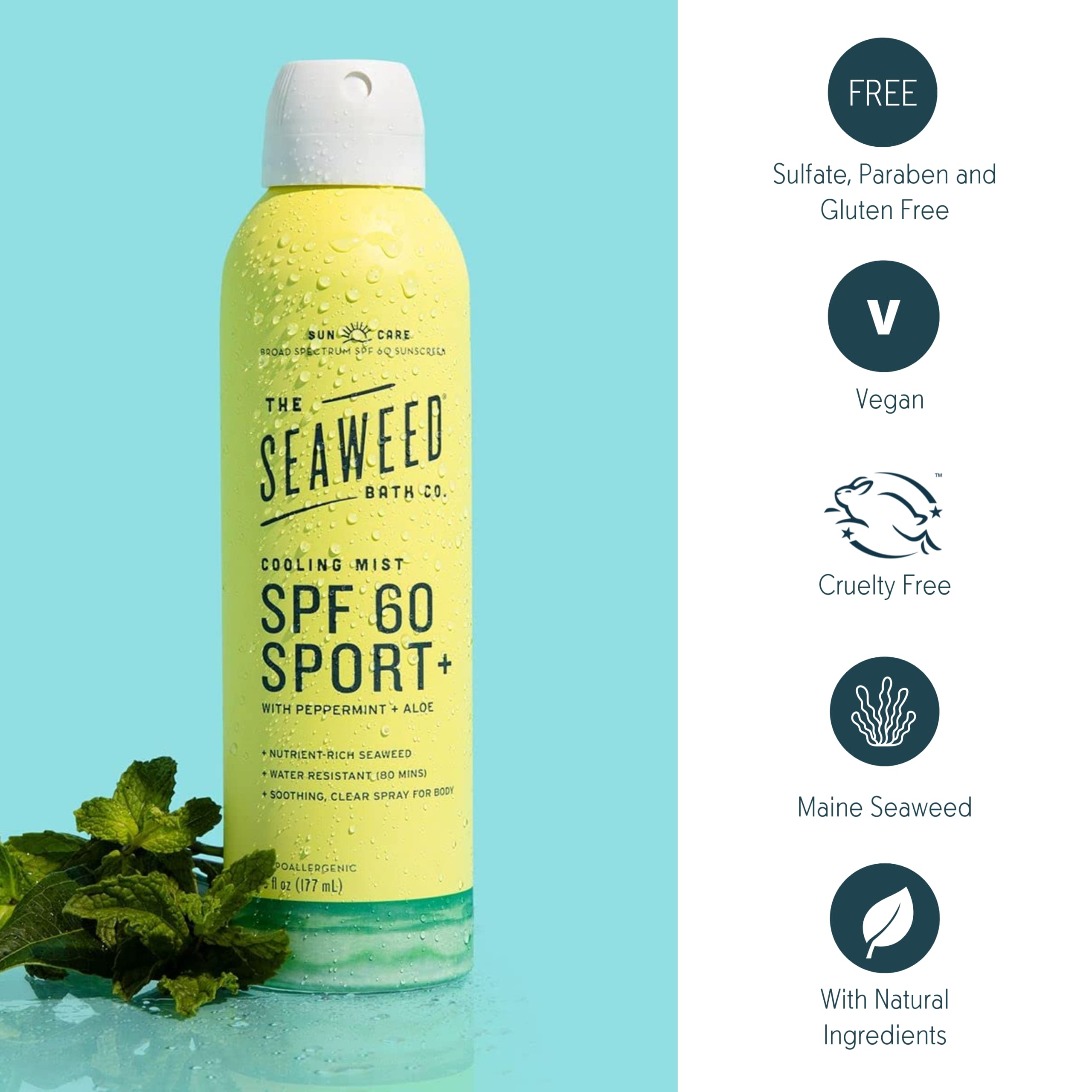The Seaweed Bath Co. SPF 60 Sport Sunscreen Spray, 6 Fl Oz, Broad Spectrum, Cooling Mist, Sustainably Harvested Seaweed and Aloe, White
