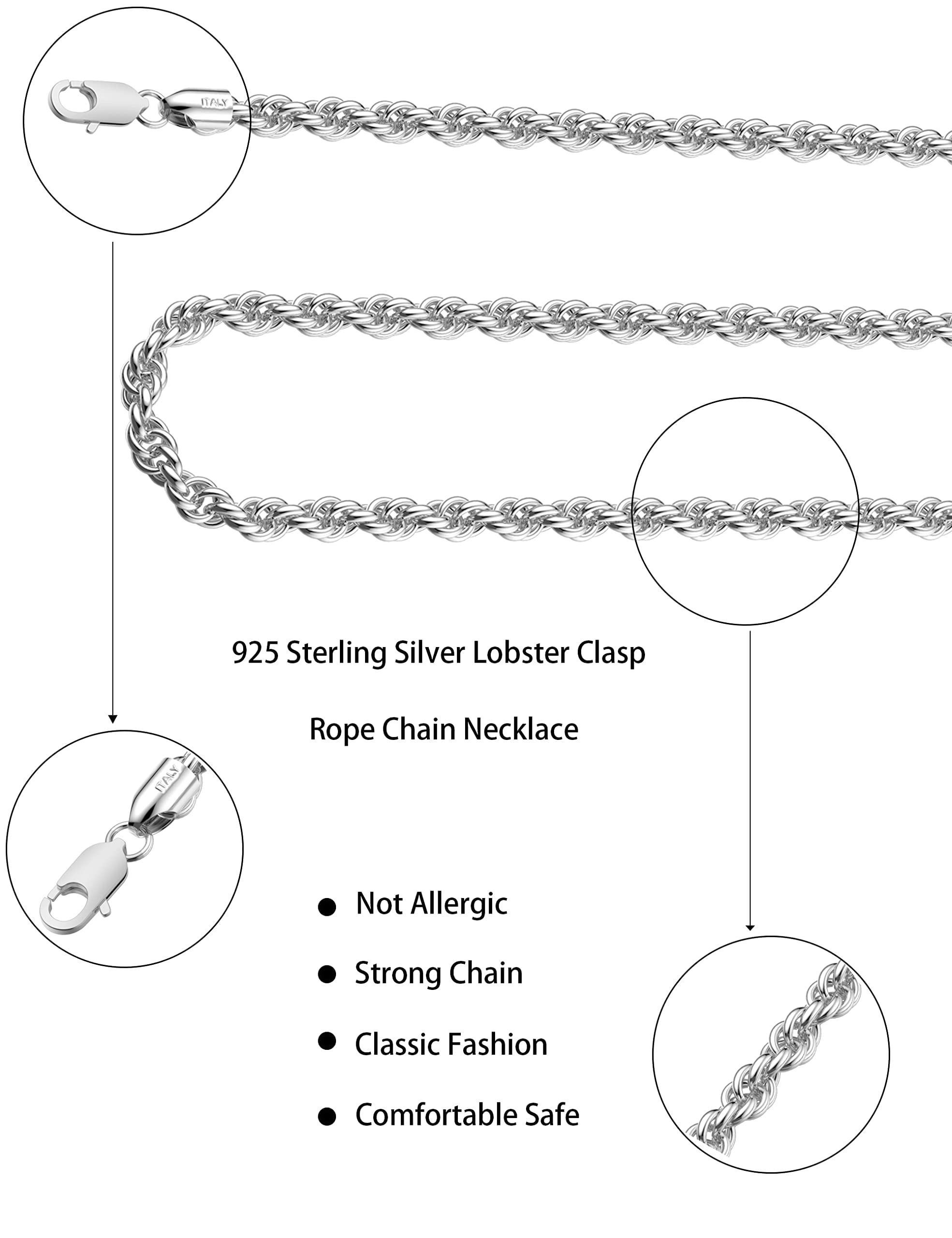 Waitsoul 925 Sterling Silver Lobster Clasp 4mm Necklace for Men and Women Rope Chain Silver Necklace Chain Diamond Cut 16-30 Inc